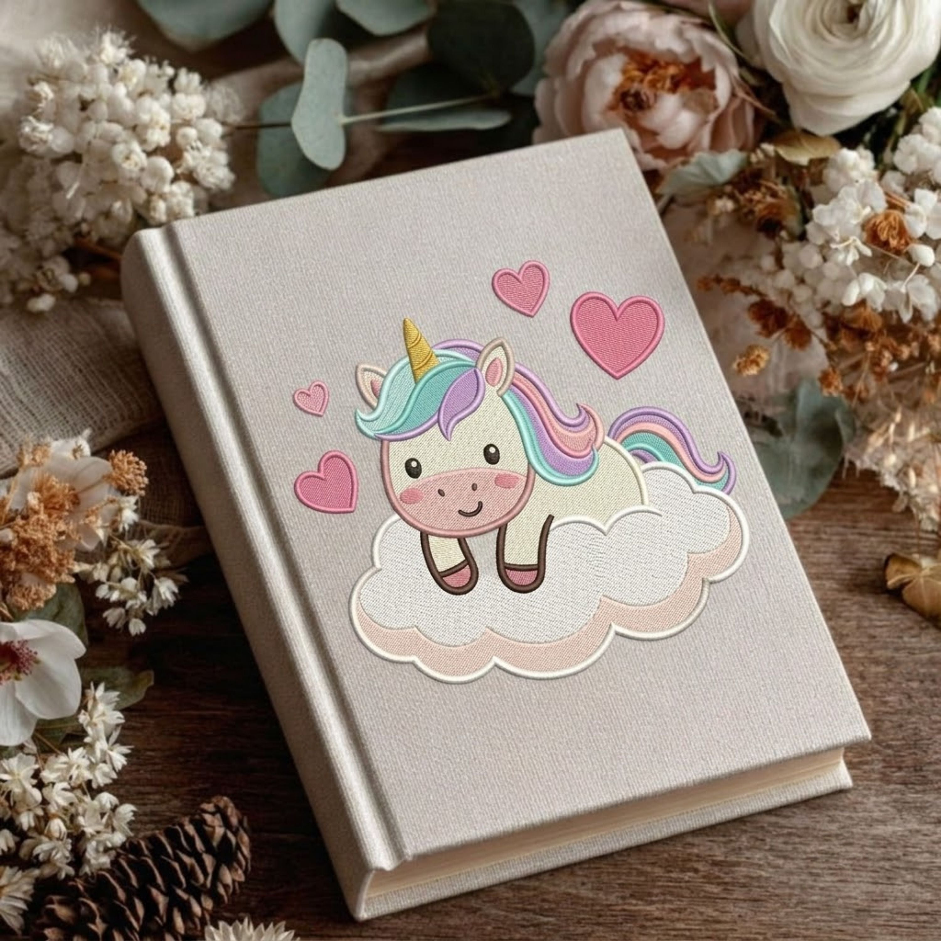 Cute Unicorn Baby Photo Album - Linen Fabric Scrapbook, Cloud & Heart Embroidered Cover, Baby Memory Book, Baby Shower Gift