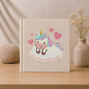 Cute Unicorn Baby Photo Album - Linen Fabric Scrapbook, Cloud & Heart Embroidered Cover, Baby Memory Book, Baby Shower Gift