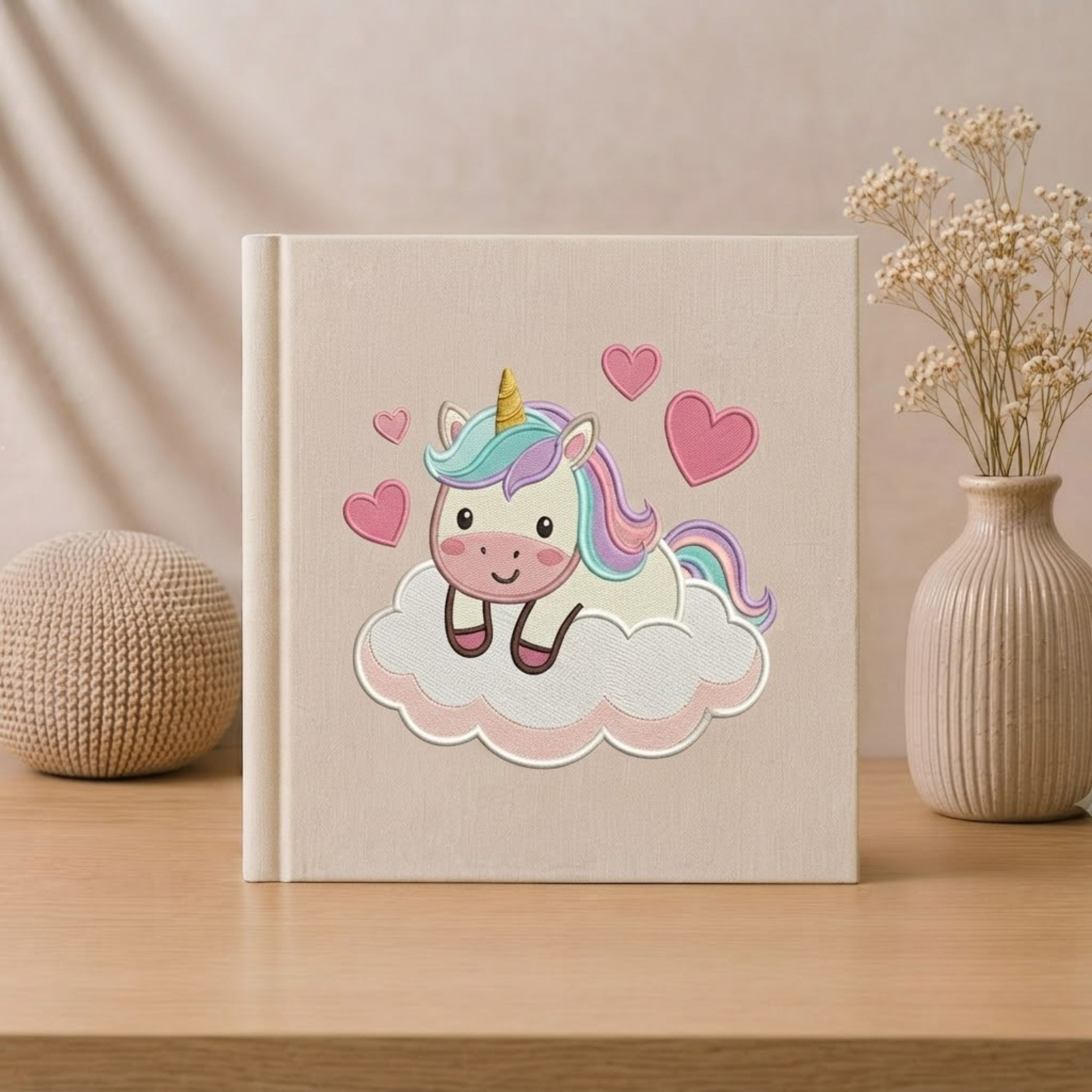 Cute Unicorn Baby Photo Album - Linen Fabric Scrapbook, Cloud & Heart Embroidered Cover, Baby Memory Book, Baby Shower Gift