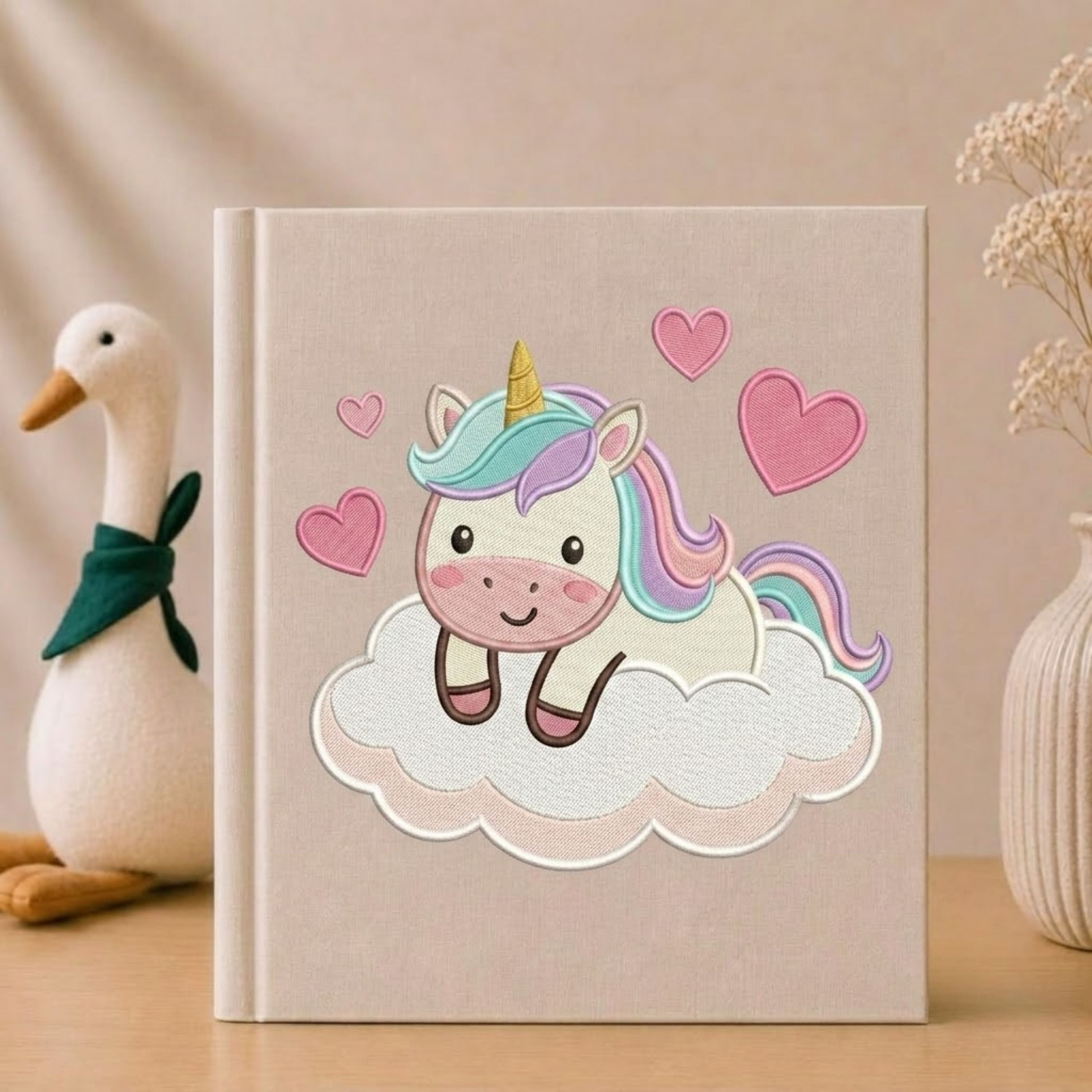 Cute Unicorn Baby Photo Album - Linen Fabric Scrapbook, Cloud & Heart Embroidered Cover, Baby Memory Book, Baby Shower Gift