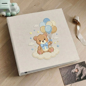 Cute Teddy Bear Photo Album - Linen Hardcover Baby Memory Book with Embroidered Balloons, Baby Keepsake Album, Baby Shower Gift