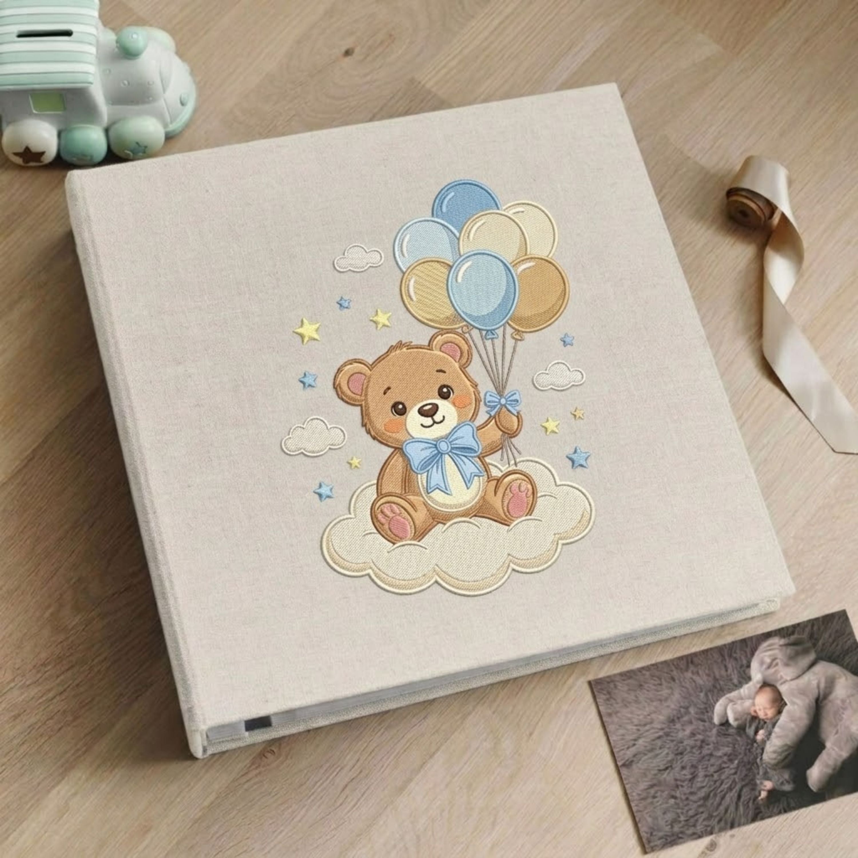 Cute Teddy Bear Photo Album - Linen Hardcover Baby Memory Book with Embroidered Balloons, Baby Keepsake Album, Baby Shower Gift
