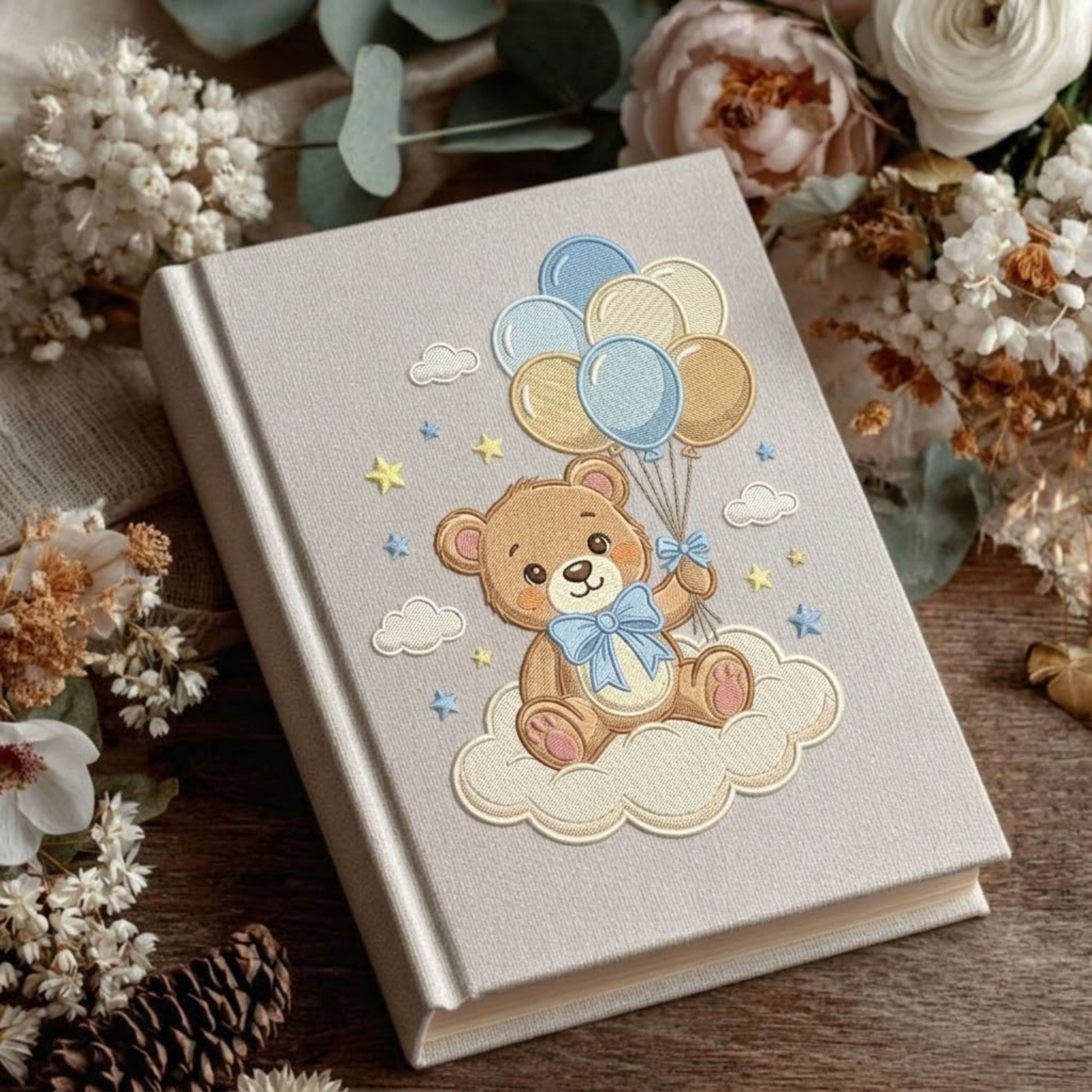 Cute Teddy Bear Photo Album - Linen Hardcover Baby Memory Book with Embroidered Balloons, Baby Keepsake Album, Baby Shower Gift