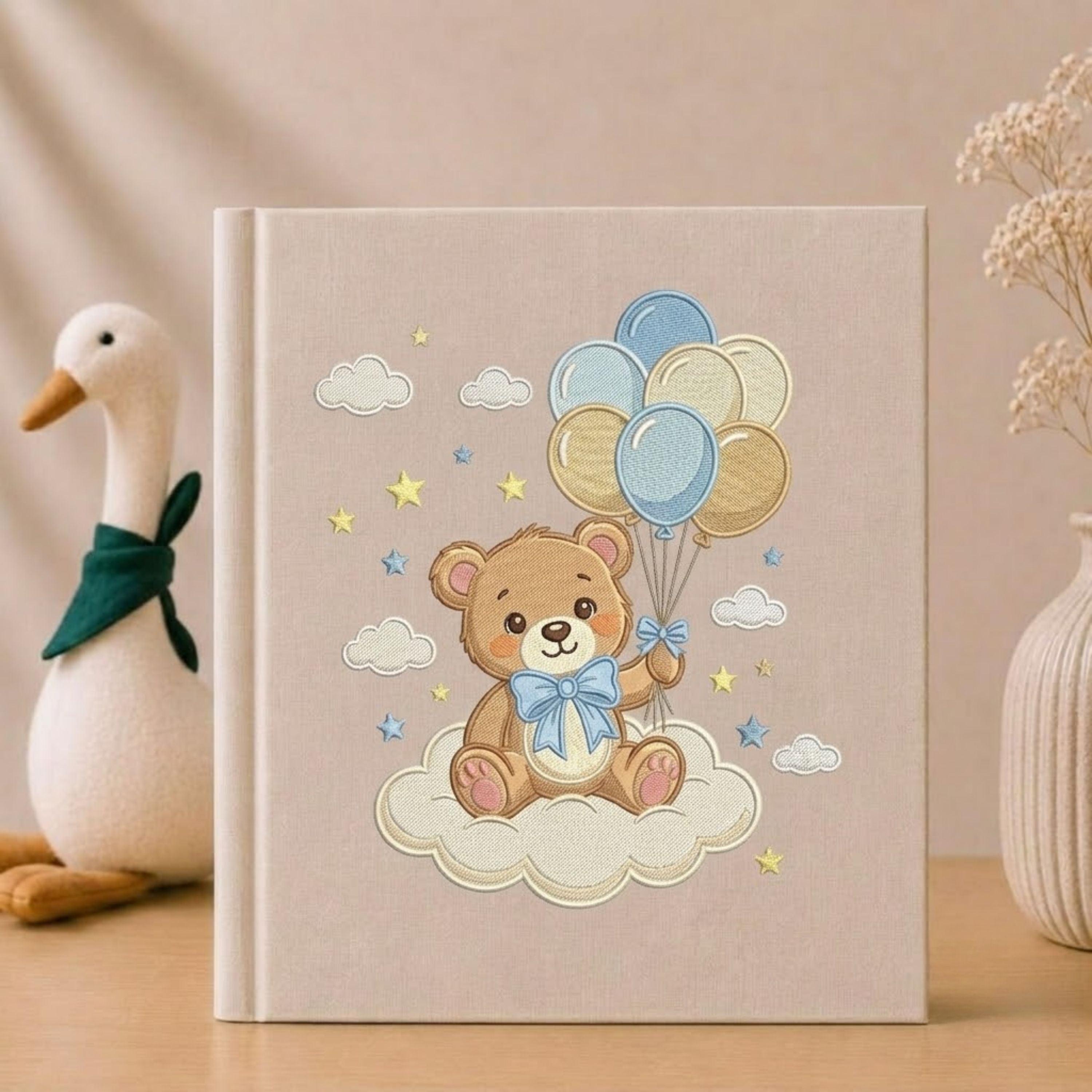 Cute Teddy Bear Photo Album - Linen Hardcover Baby Memory Book with Embroidered Balloons, Baby Keepsake Album, Baby Shower Gift