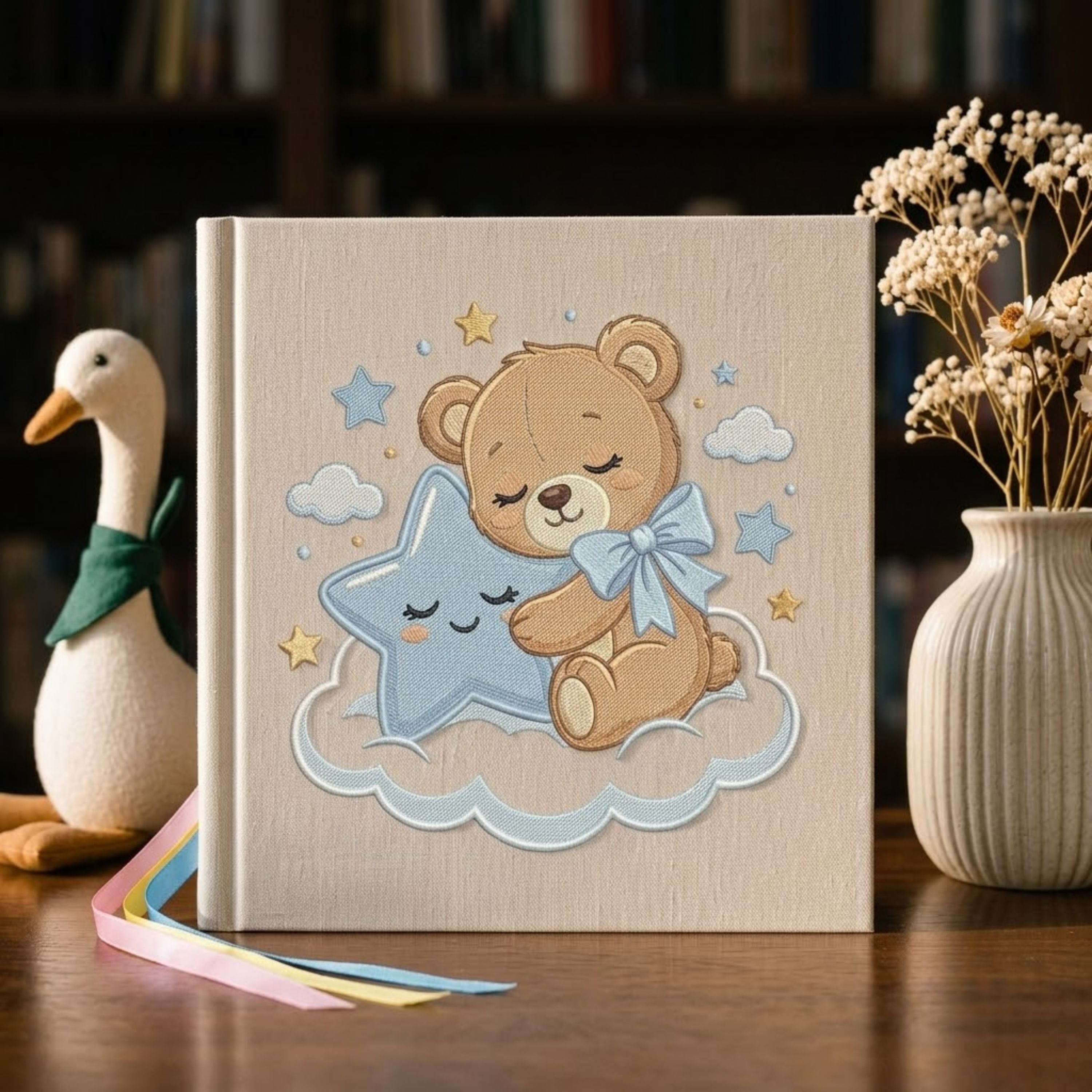 Sleeping Teddy Bear Photo Album - Linen Hardcover Baby Memory Book with Embroidered Star, Baby Keepsake Album, Baby Shower Gift