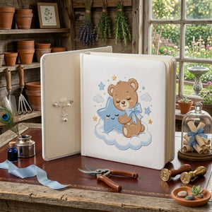 Sleeping Teddy Bear Photo Album - Linen Hardcover Baby Memory Book with Embroidered Star, Baby Keepsake Album, Baby Shower Gift