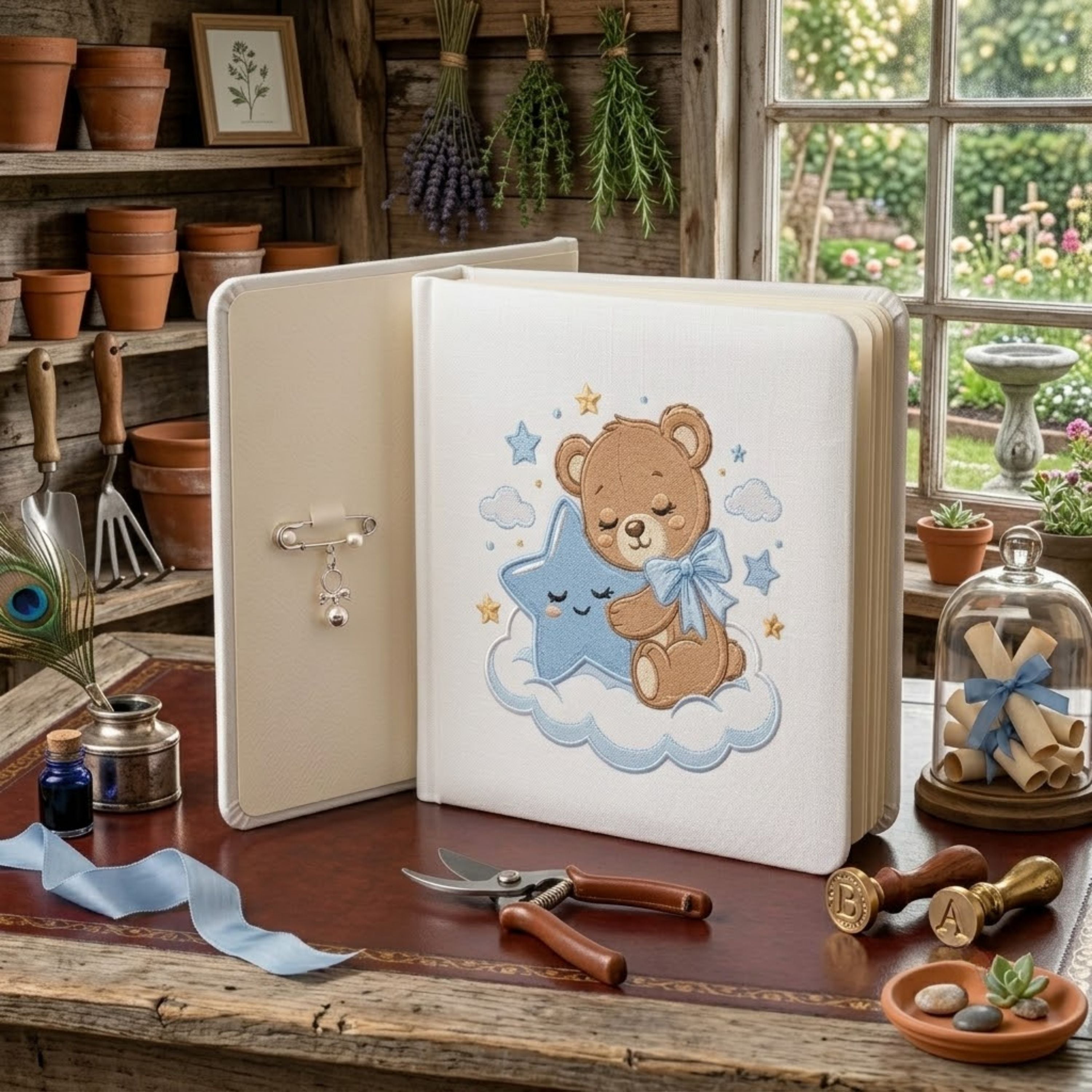 Sleeping Teddy Bear Photo Album - Linen Hardcover Baby Memory Book with Embroidered Star, Baby Keepsake Album, Baby Shower Gift