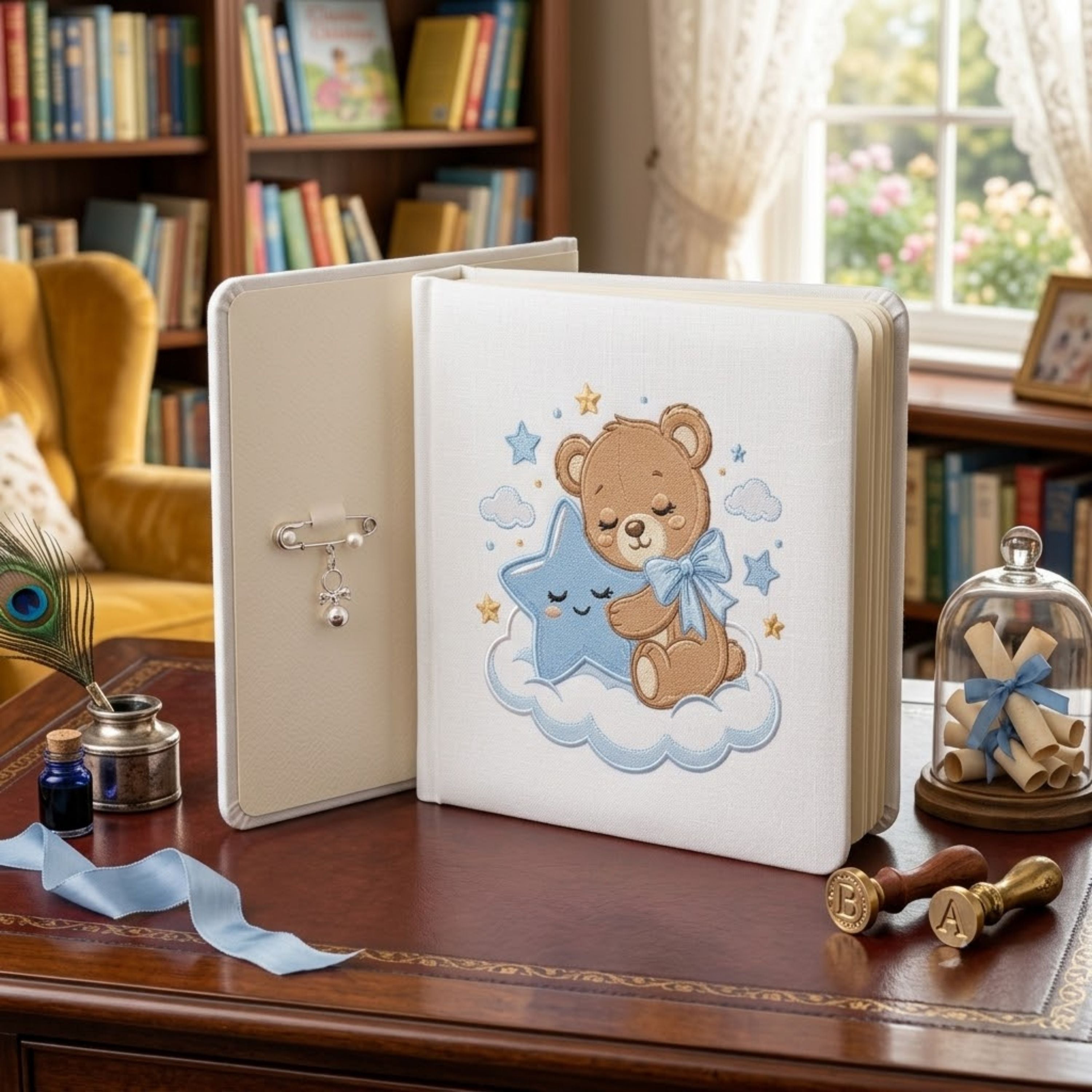 Sleeping Teddy Bear Photo Album - Linen Hardcover Baby Memory Book with Embroidered Star, Baby Keepsake Album, Baby Shower Gift