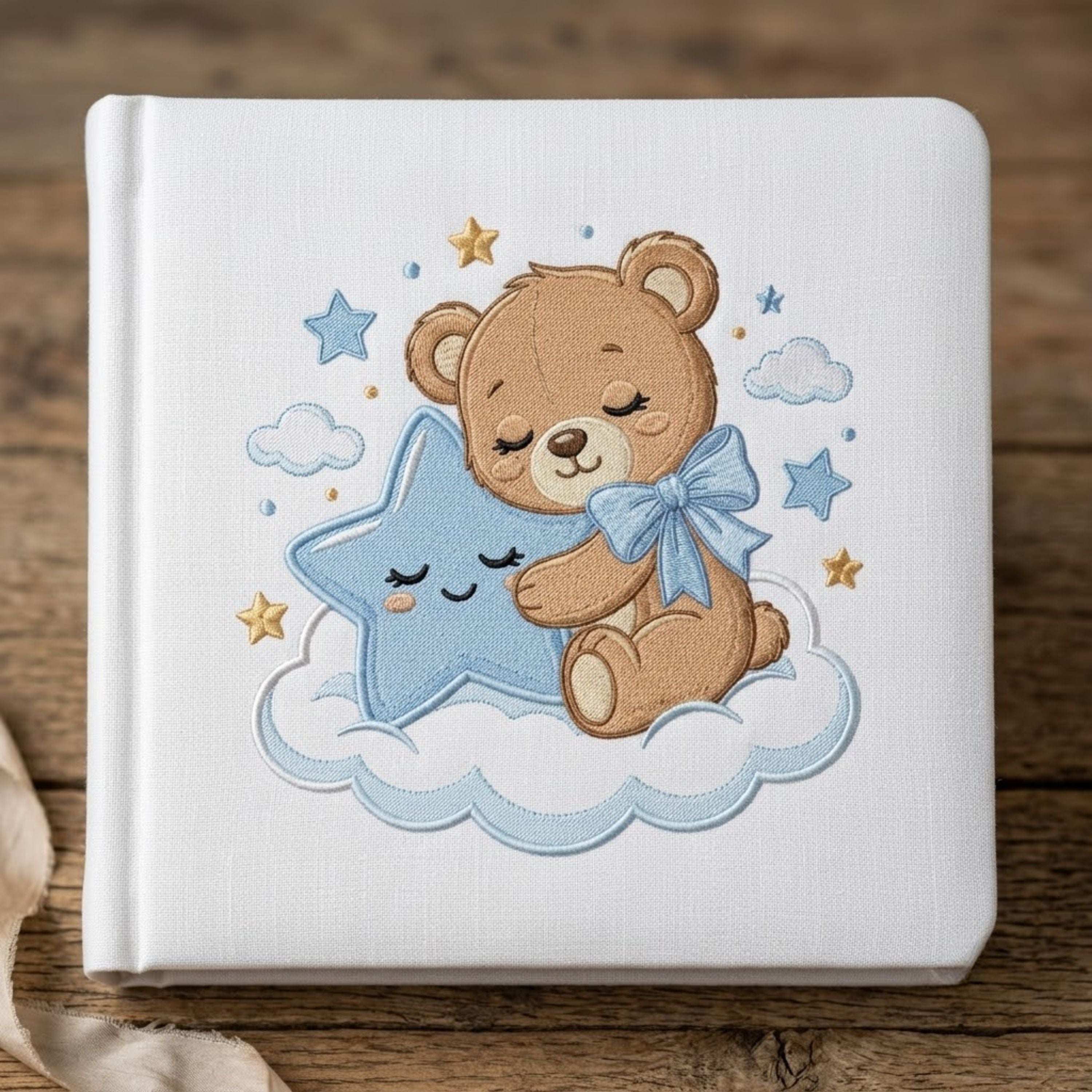 Sleeping Teddy Bear Photo Album - Linen Hardcover Baby Memory Book with Embroidered Star, Baby Keepsake Album, Baby Shower Gift