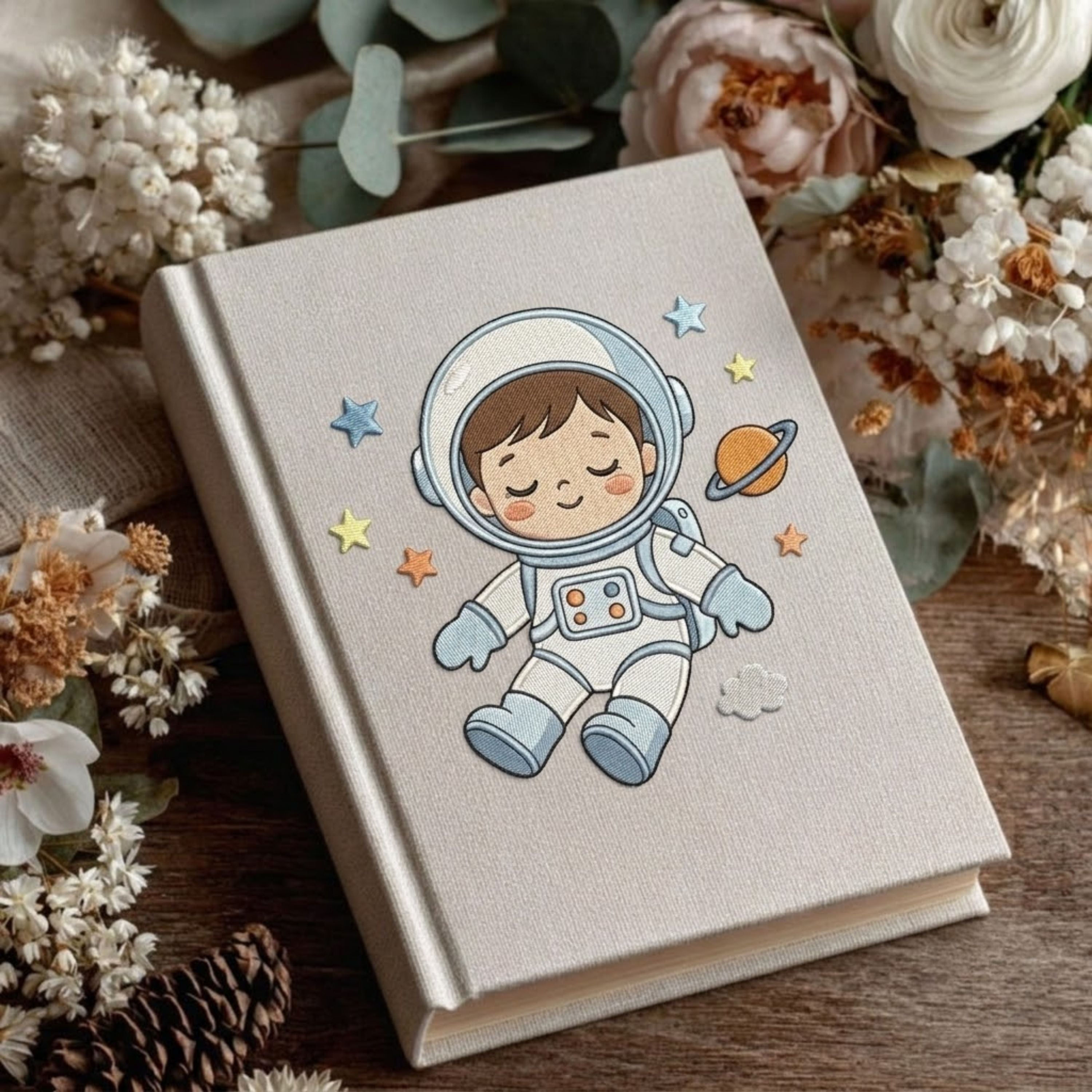 Cute Embroidered Astronaut Baby Photo Album - Soft Linen Cover Memory Book