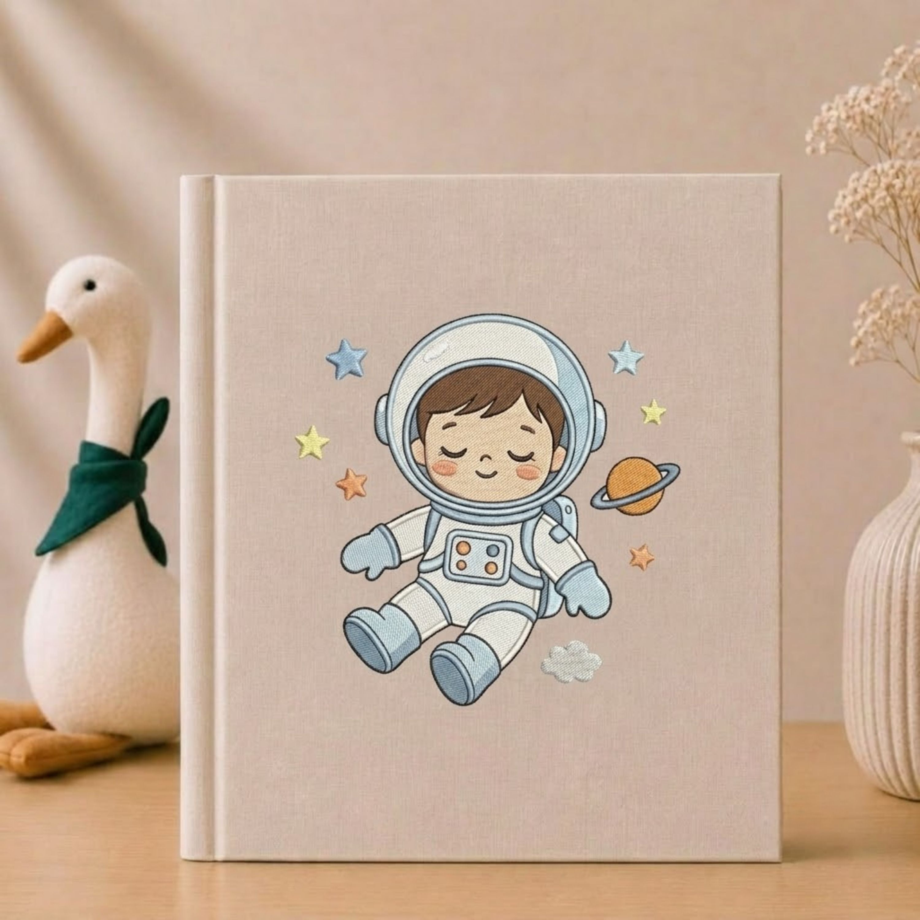 Cute Embroidered Astronaut Baby Photo Album - Soft Linen Cover Memory Book