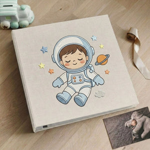 Cute Embroidered Astronaut Baby Photo Album - Soft Linen Cover Memory Book