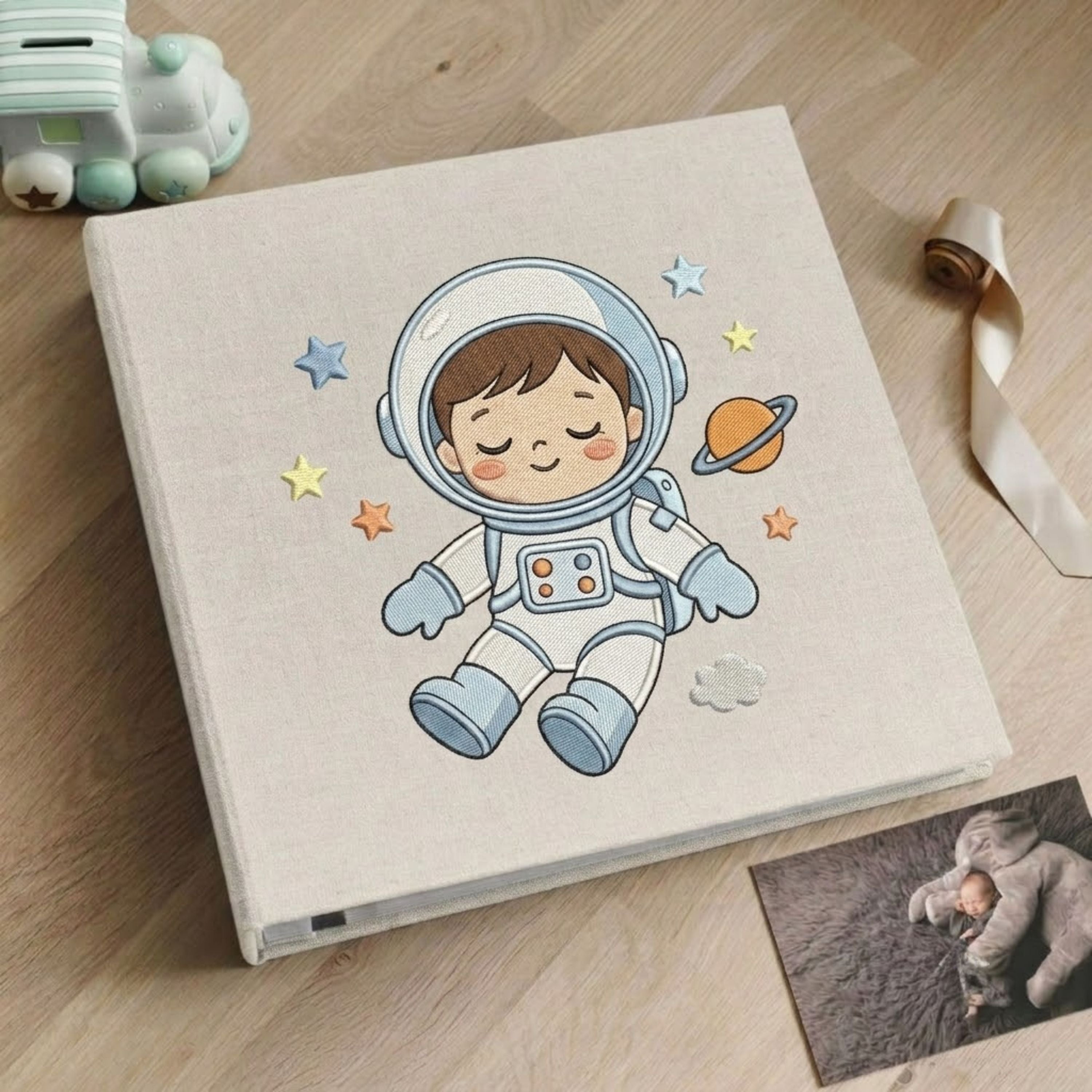 Cute Embroidered Astronaut Baby Photo Album - Soft Linen Cover Memory Book