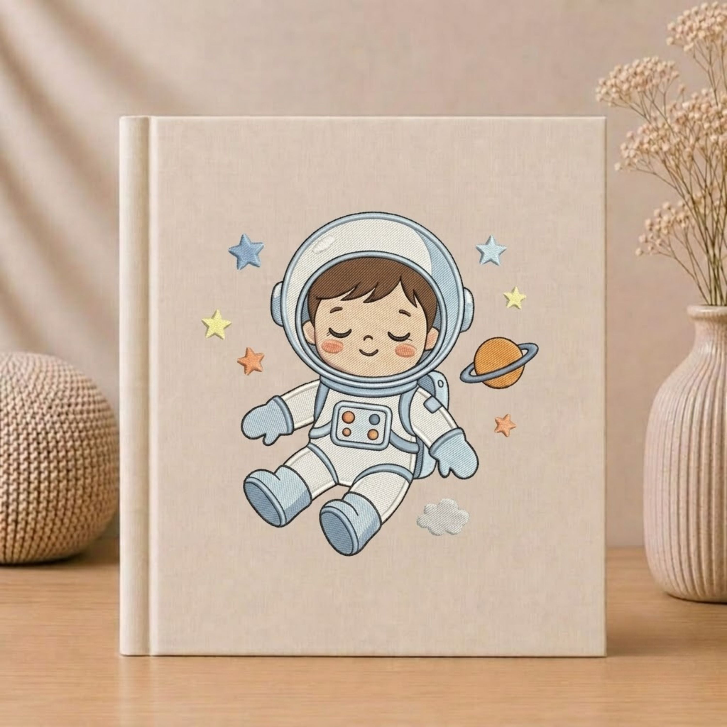 Cute Embroidered Astronaut Baby Photo Album - Soft Linen Cover Memory Book