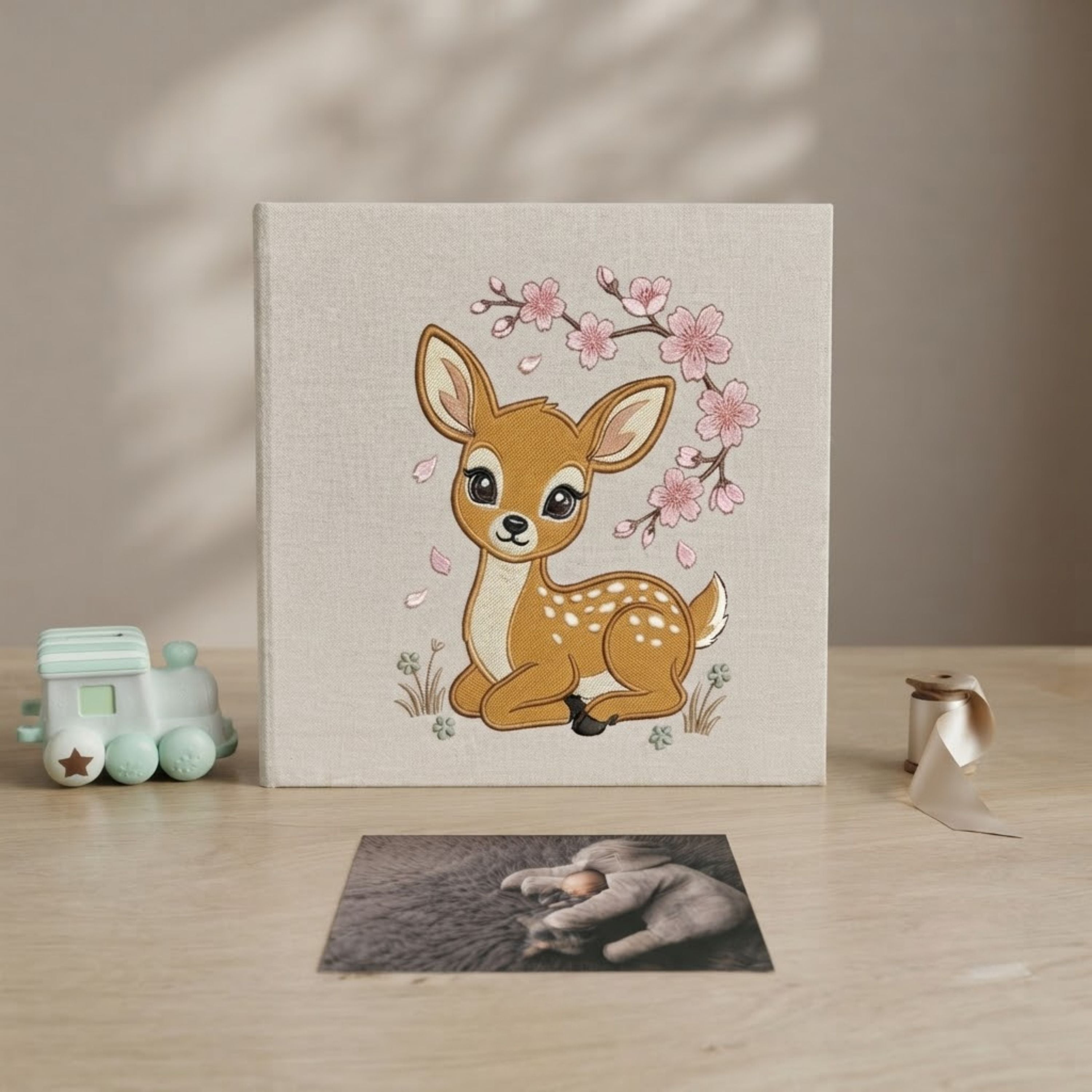 Baby Deer Memory Book - Delicate Floral Embroidery Photo Album