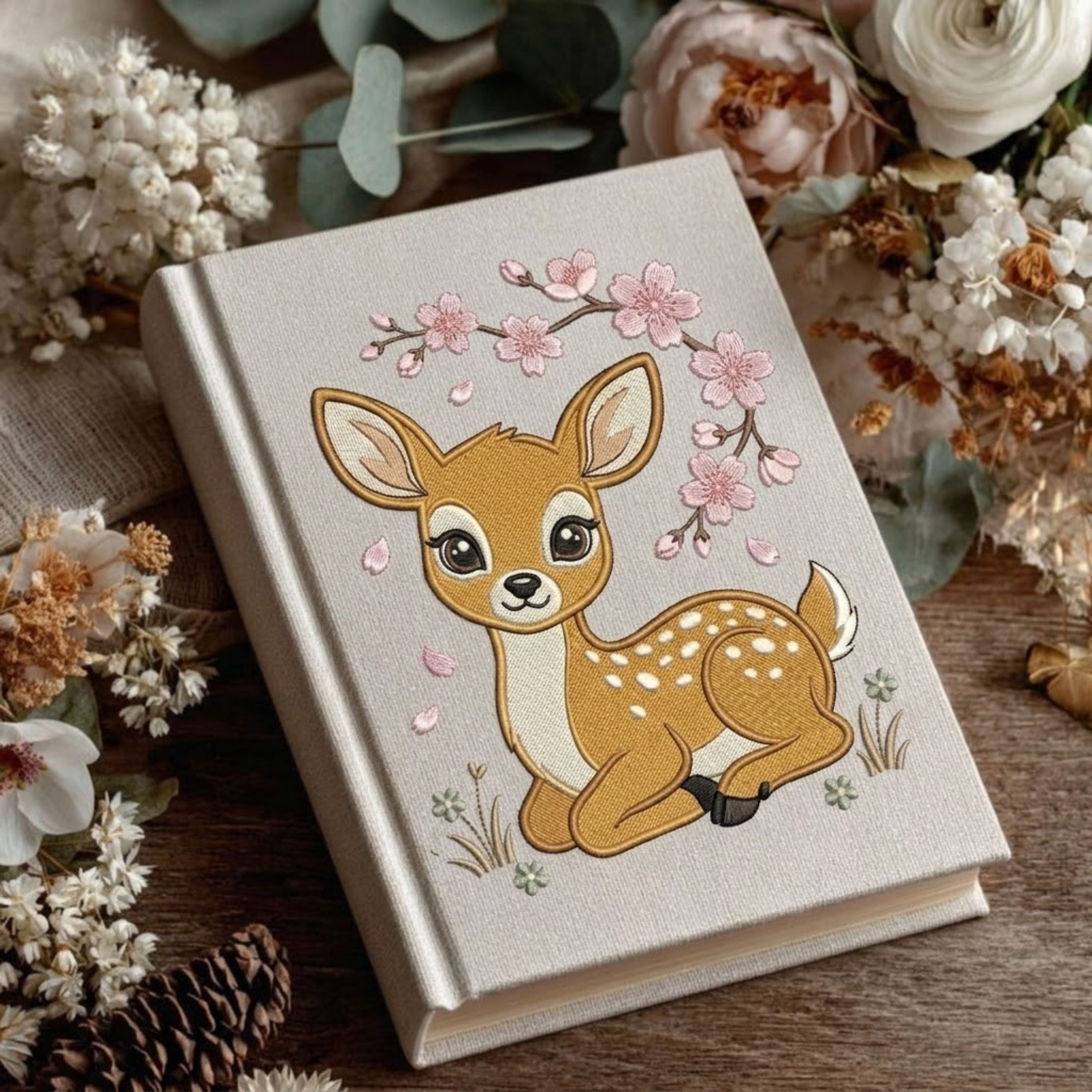 Baby Deer Memory Book - Delicate Floral Embroidery Photo Album