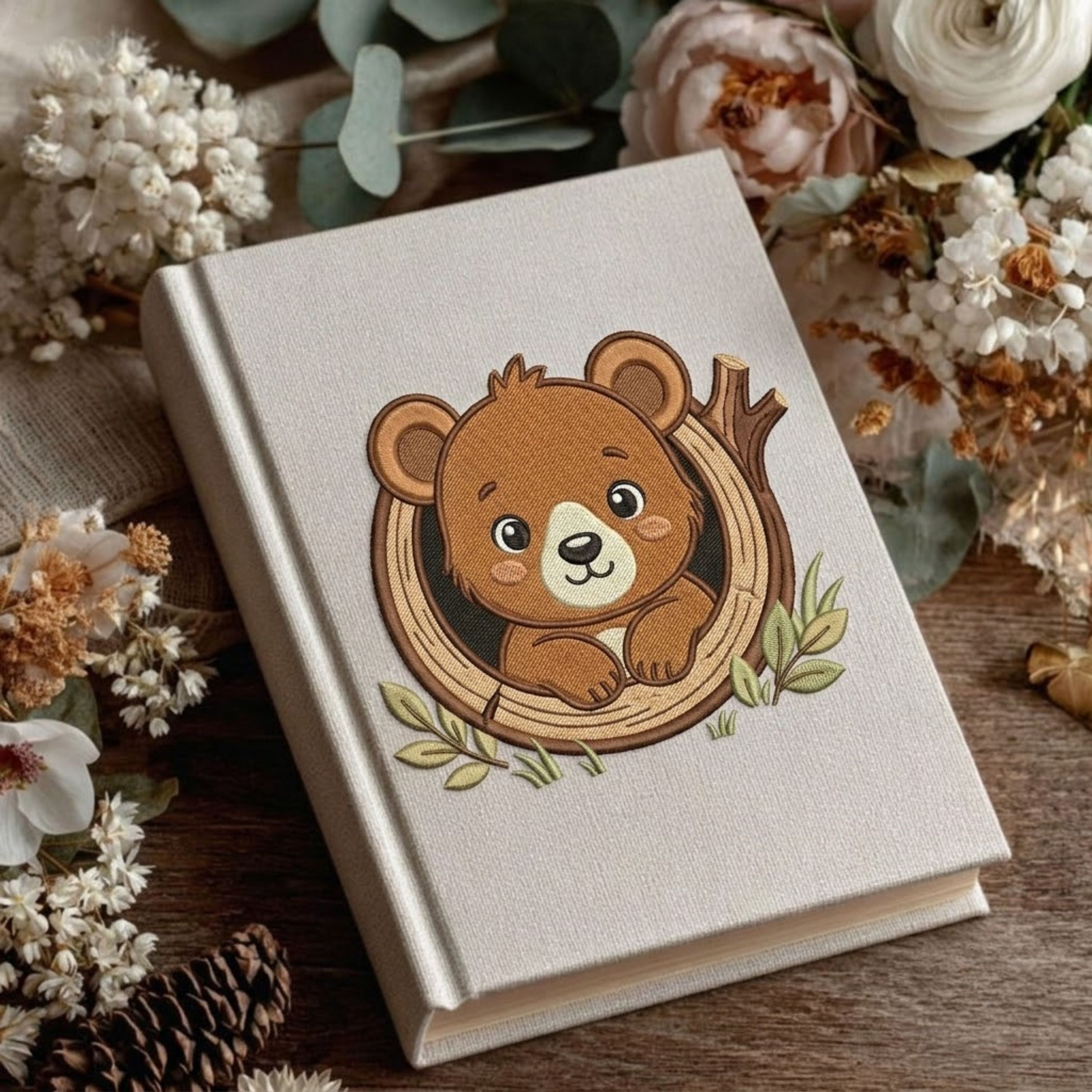 Cute Embroidered Bear Photo Album - Soft Linen Cover with Tree Trunk Design
