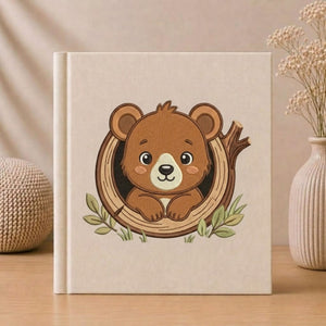 Cute Embroidered Bear Photo Album - Soft Linen Cover with Tree Trunk Design