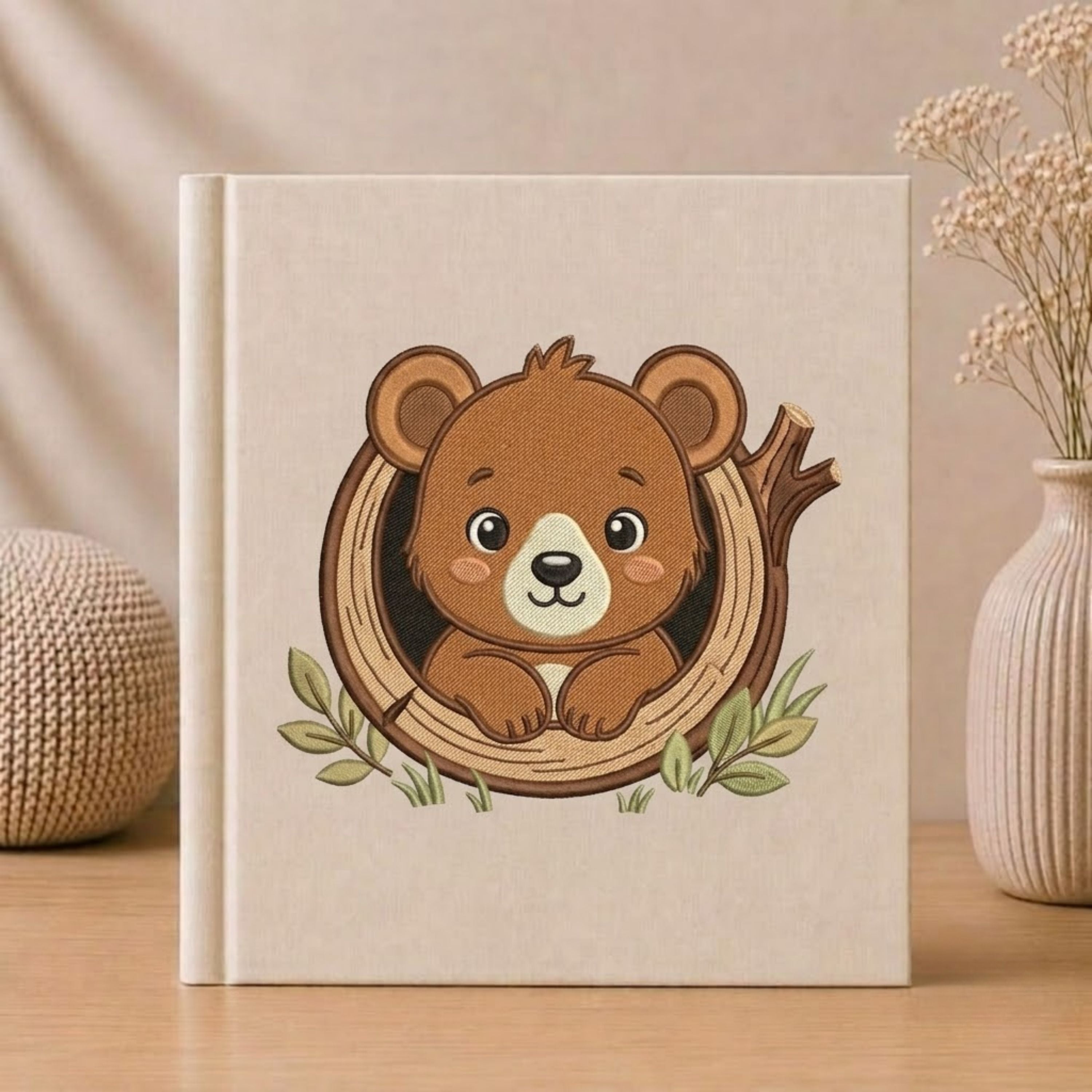 Cute Embroidered Bear Photo Album - Soft Linen Cover with Tree Trunk Design