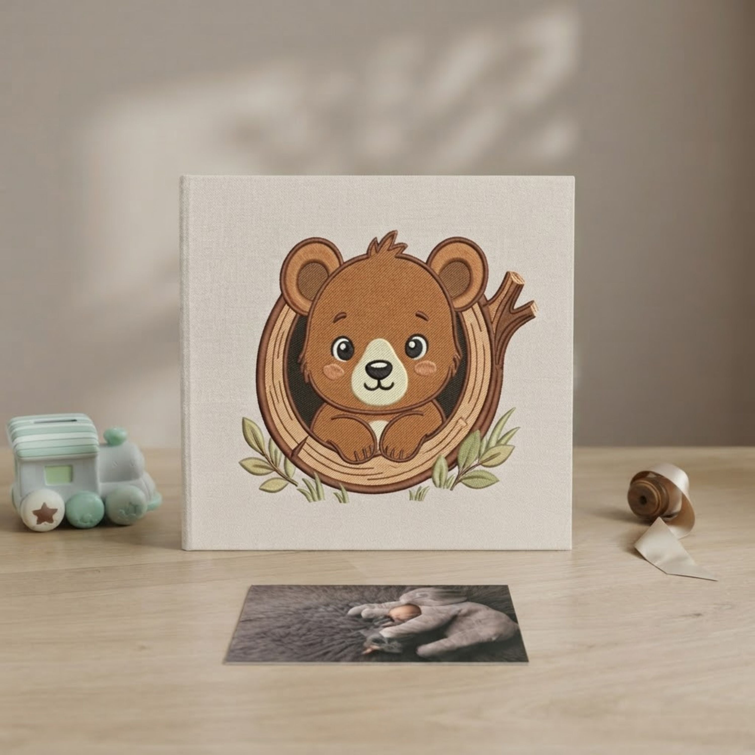 Cute Embroidered Bear Photo Album - Soft Linen Cover with Tree Trunk Design