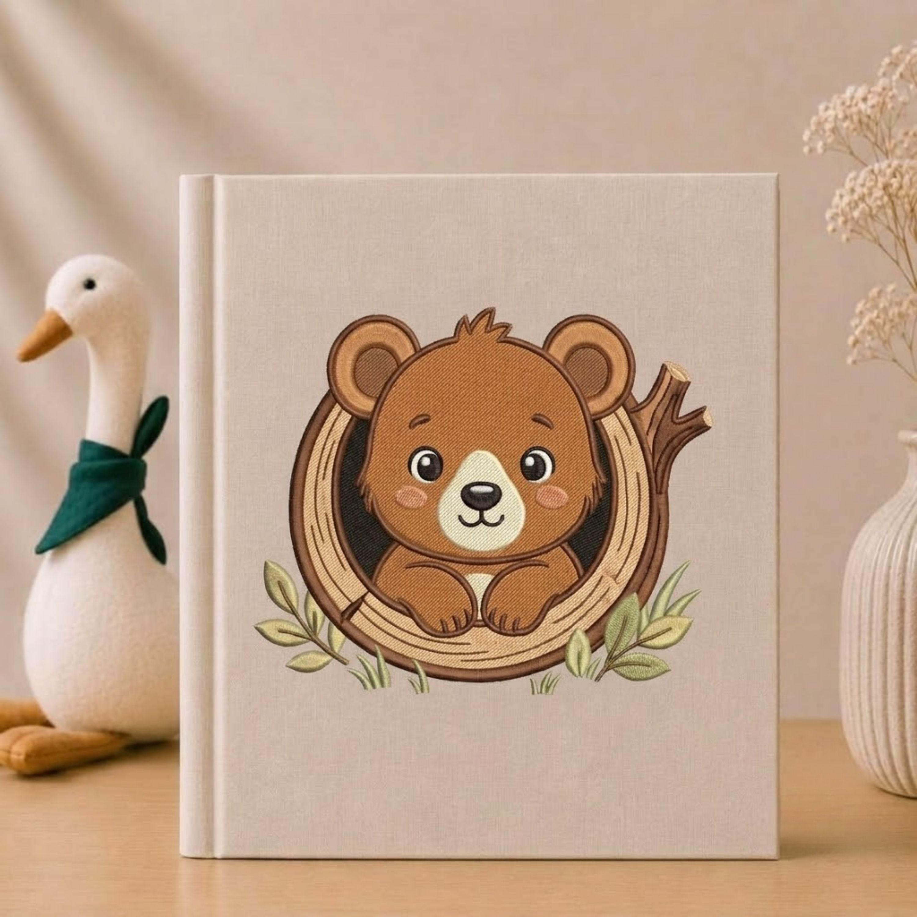 Cute Embroidered Bear Photo Album - Soft Linen Cover with Tree Trunk Design