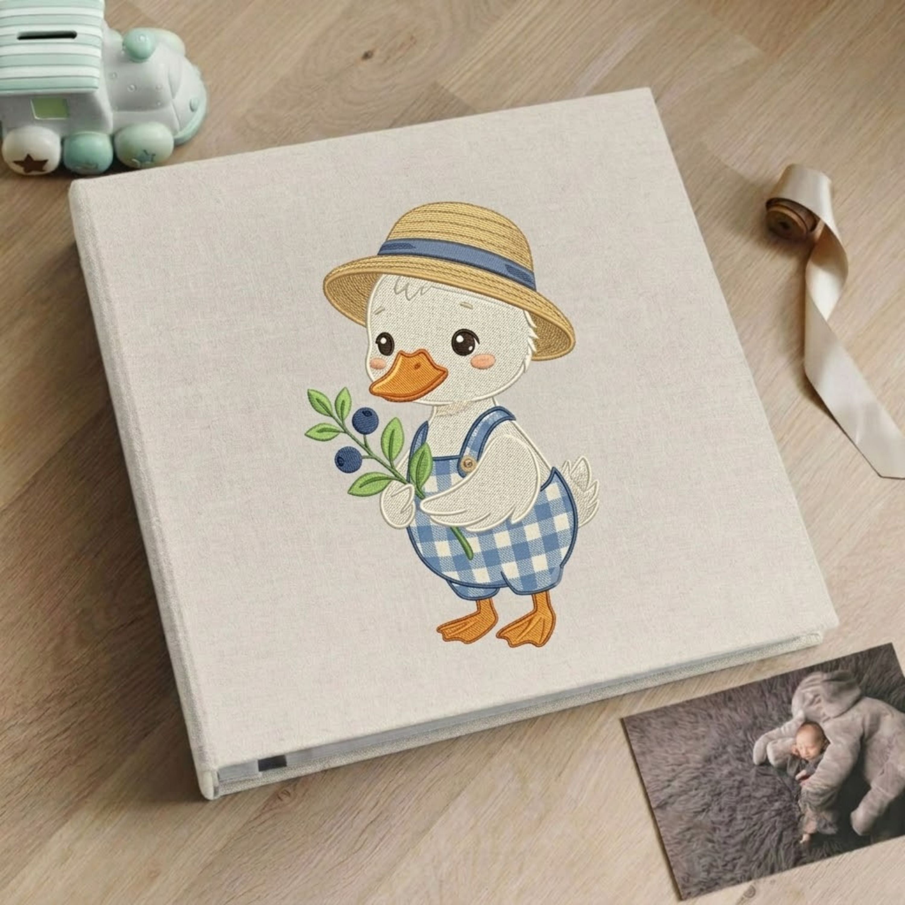 Little Duckling Photo Album - Soft Linen Cover with Blueberry Days Embroidery