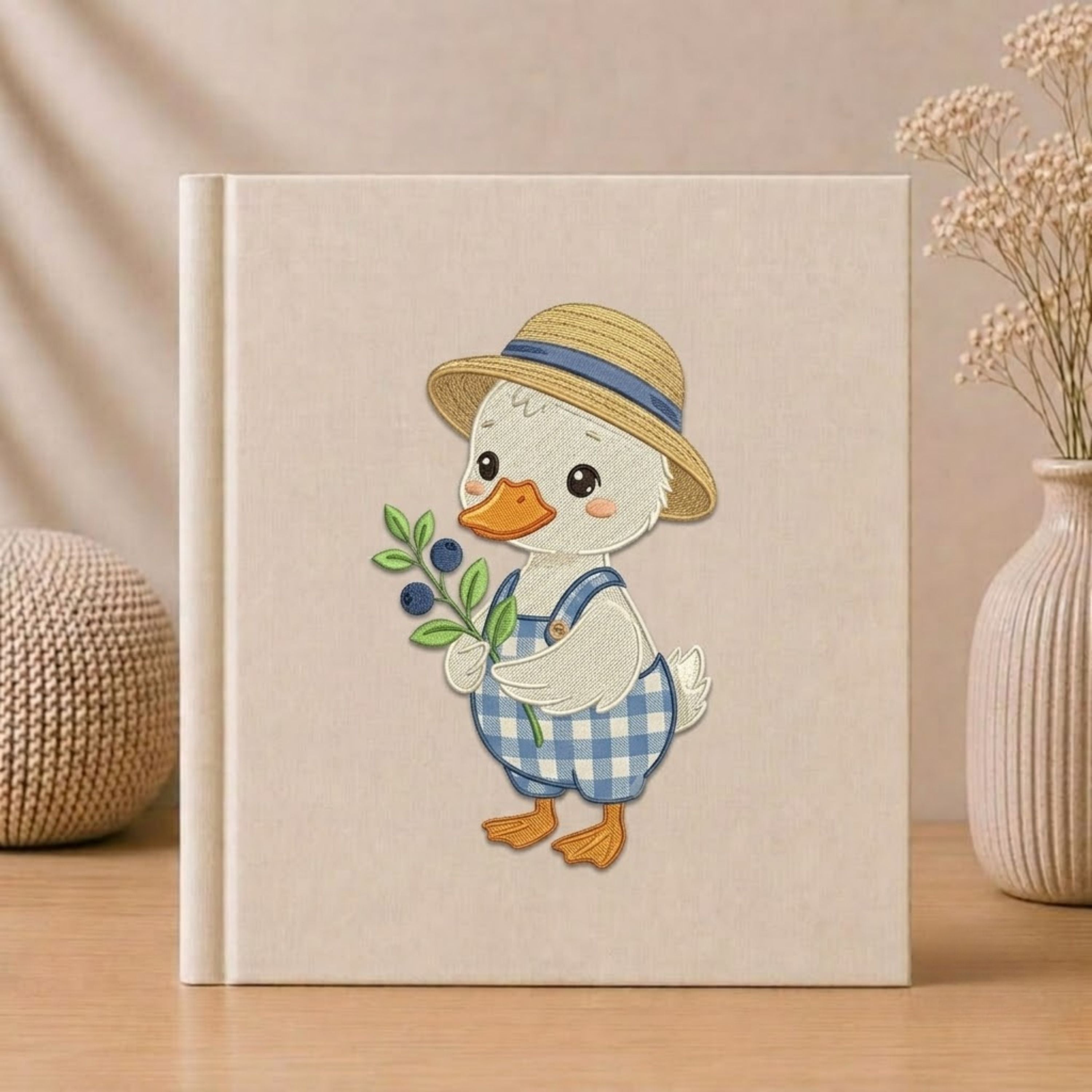 Little Duckling Photo Album - Soft Linen Cover with Blueberry Days Embroidery