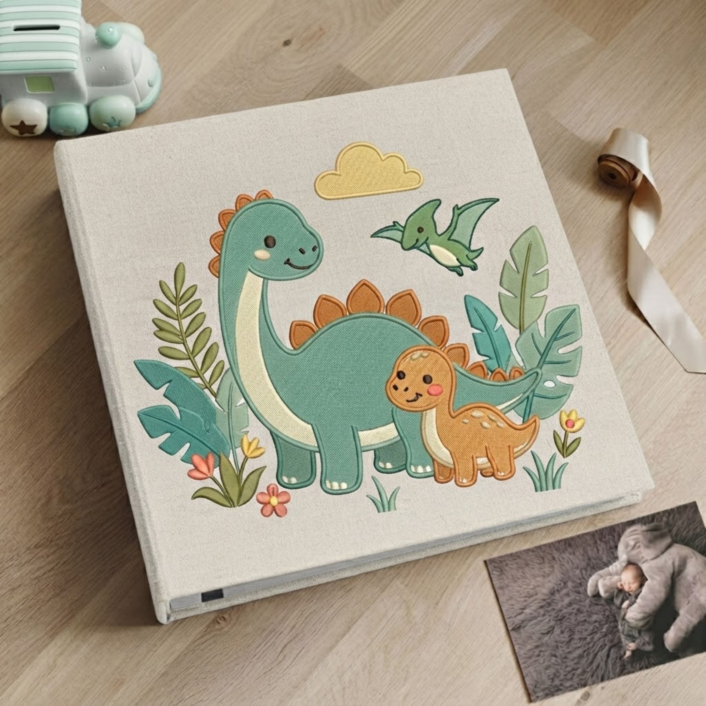 Little Dinosaur Adventures Photo Album - Soft Linen Cover with Prehistoric Friends