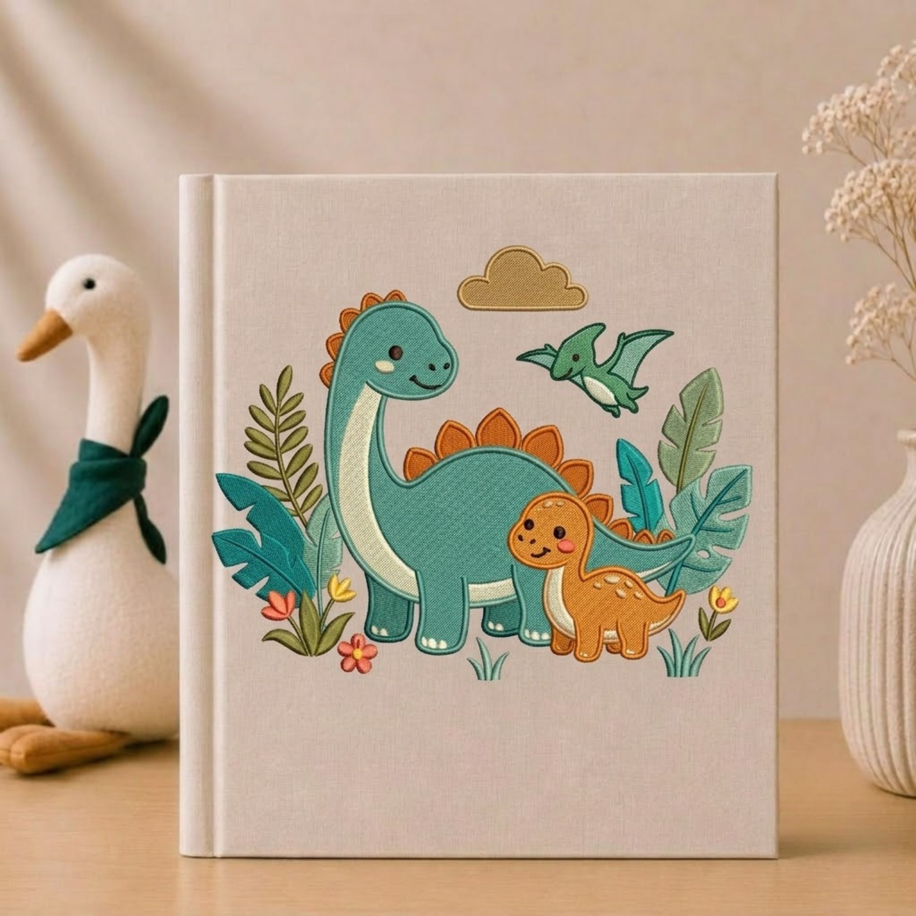 Little Dinosaur Adventures Photo Album - Soft Linen Cover with Prehistoric Friends