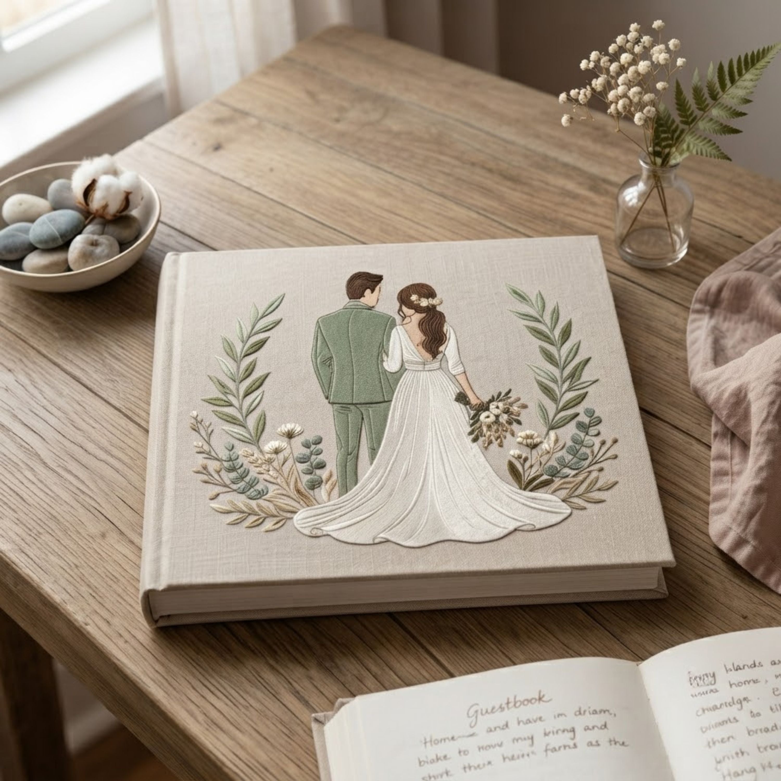 Our Love Story Keepsake Album - Soft Linen Cover with Bridal Embroidery