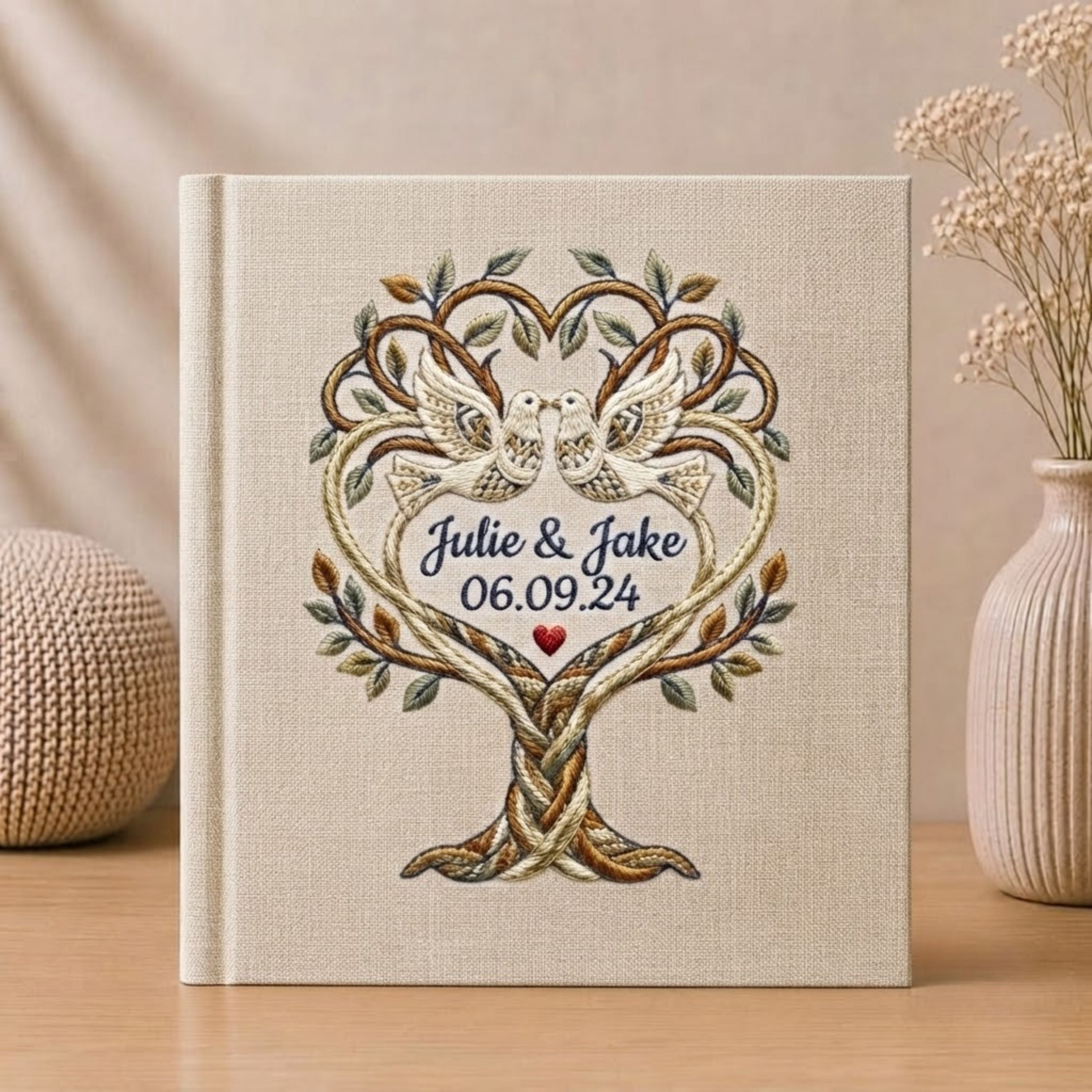 Personalized Embroidered Wedding Photo Album - Custom Love Birds Tree of Life Album - Wedding Guest Book Alternative - Anniversary Keepsake Gift for Couples