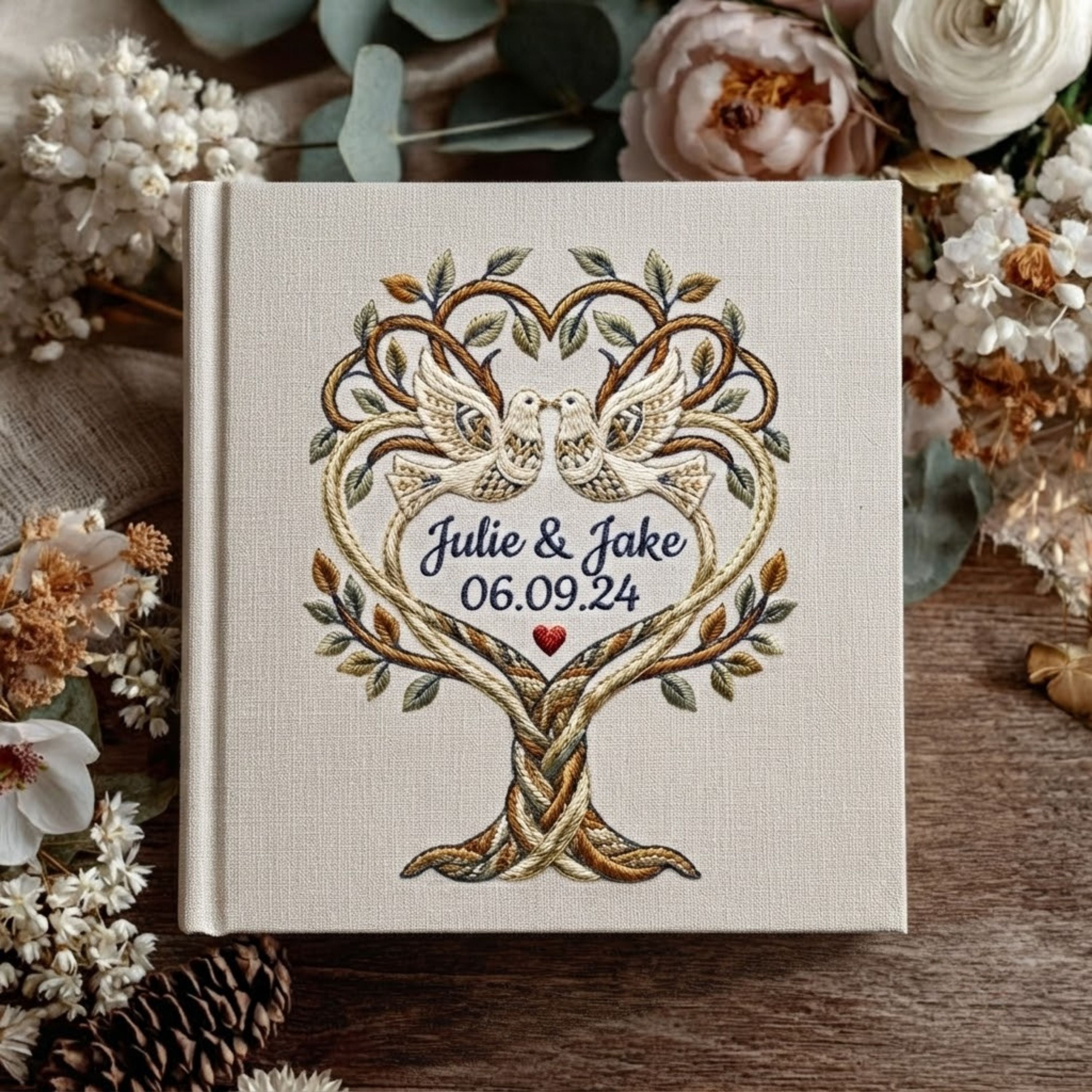 Personalized Embroidered Wedding Photo Album - Custom Love Birds Tree of Life Album - Wedding Guest Book Alternative - Anniversary Keepsake Gift for Couples