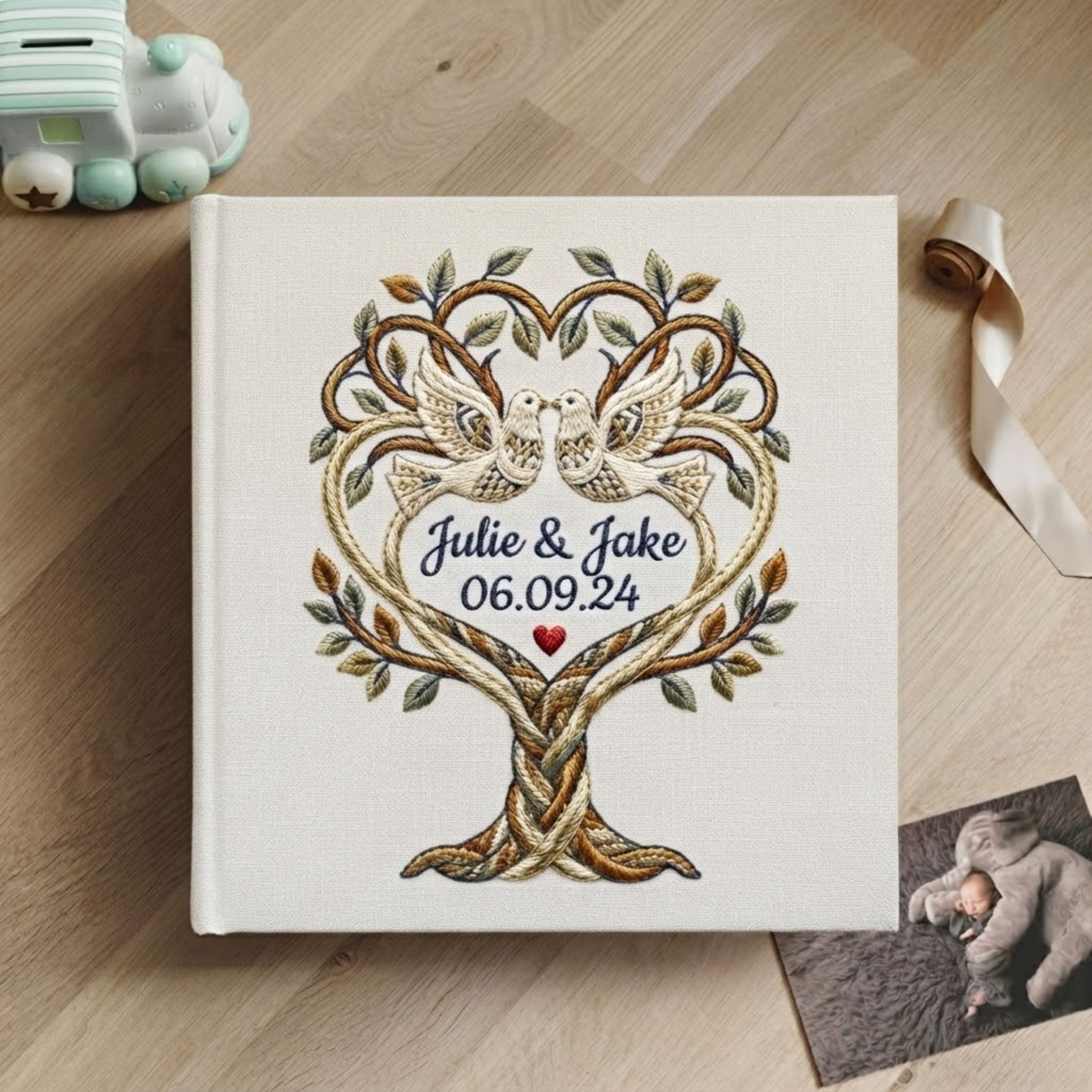 Personalized Embroidered Wedding Photo Album - Custom Love Birds Tree of Life Album - Wedding Guest Book Alternative - Anniversary Keepsake Gift for Couples