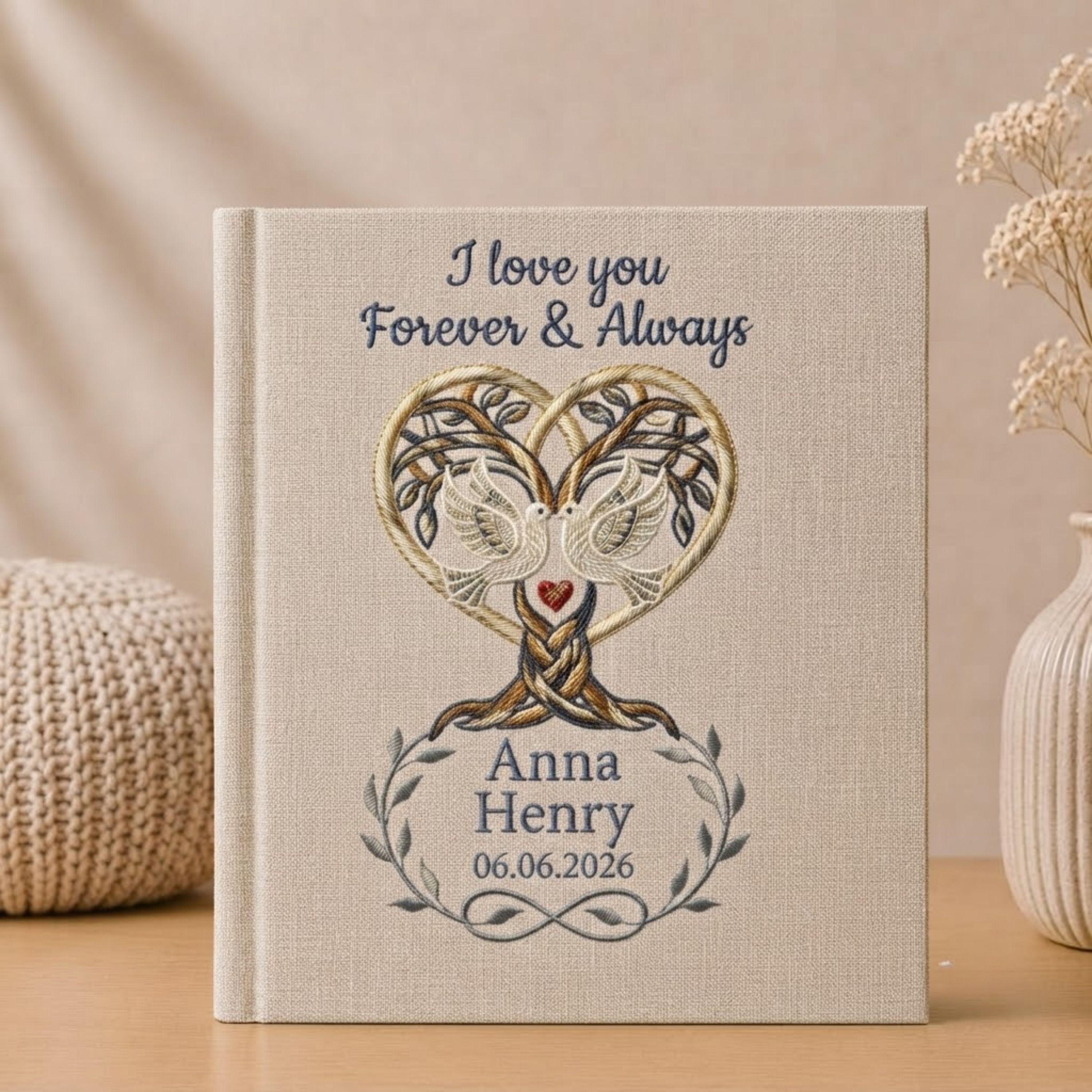 Personalized Embroidered Wedding Photo Album - Custom Forever & Always Memory Book - Love Birds Tree of Life Keepsake - Anniversary Gift for Couples