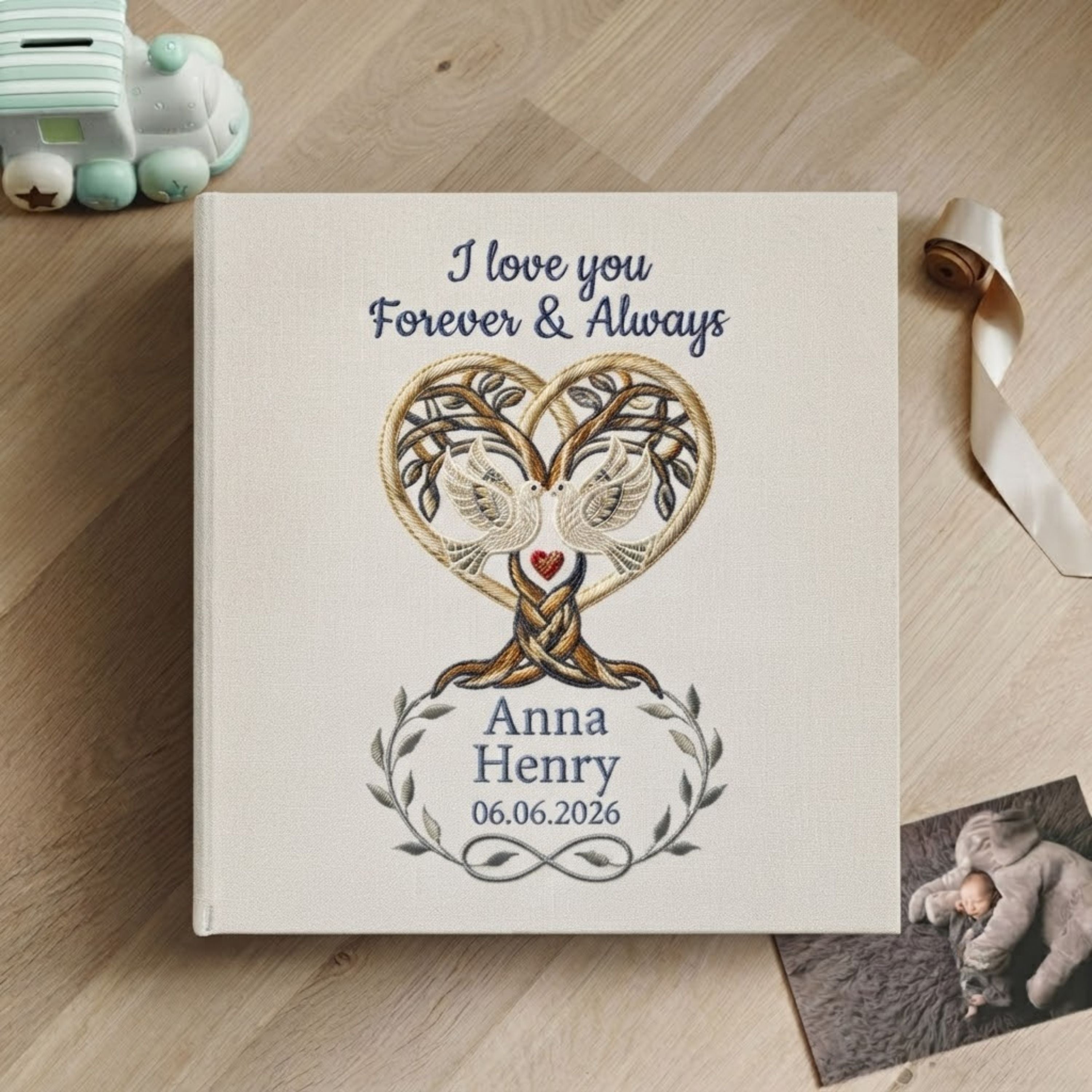 Personalized Embroidered Wedding Photo Album - Custom Forever & Always Memory Book - Love Birds Tree of Life Keepsake - Anniversary Gift for Couples