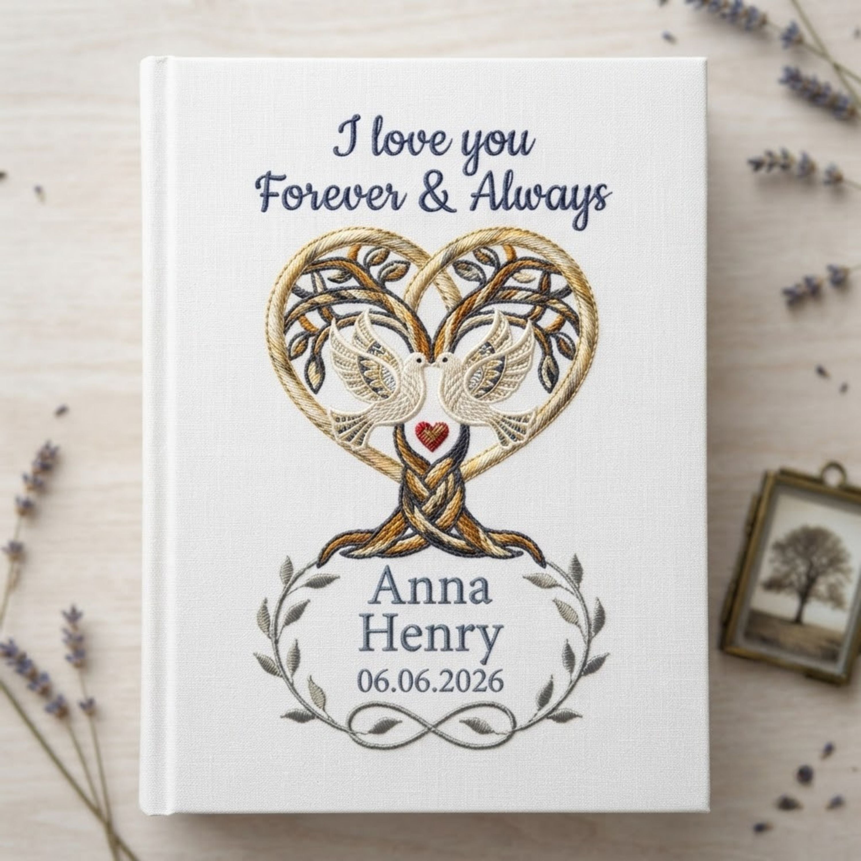 Personalized Embroidered Wedding Photo Album - Custom Forever & Always Memory Book - Love Birds Tree of Life Keepsake - Anniversary Gift for Couples
