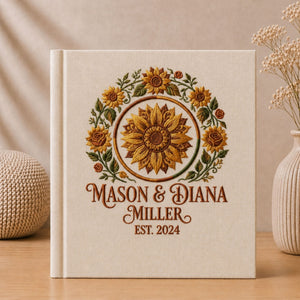 Personalized Embroidered Sunflower Wedding Photo Album - Custom Couple Memory Book - Rustic Floral Keepsake - Anniversary Gift for Couples