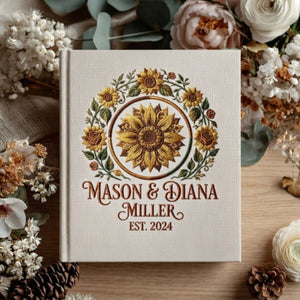 Personalized Embroidered Sunflower Wedding Photo Album - Custom Couple Memory Book - Rustic Floral Keepsake - Anniversary Gift for Couples