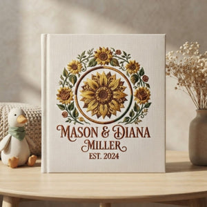 Personalized Embroidered Sunflower Wedding Photo Album - Custom Couple Memory Book - Rustic Floral Keepsake - Anniversary Gift for Couples