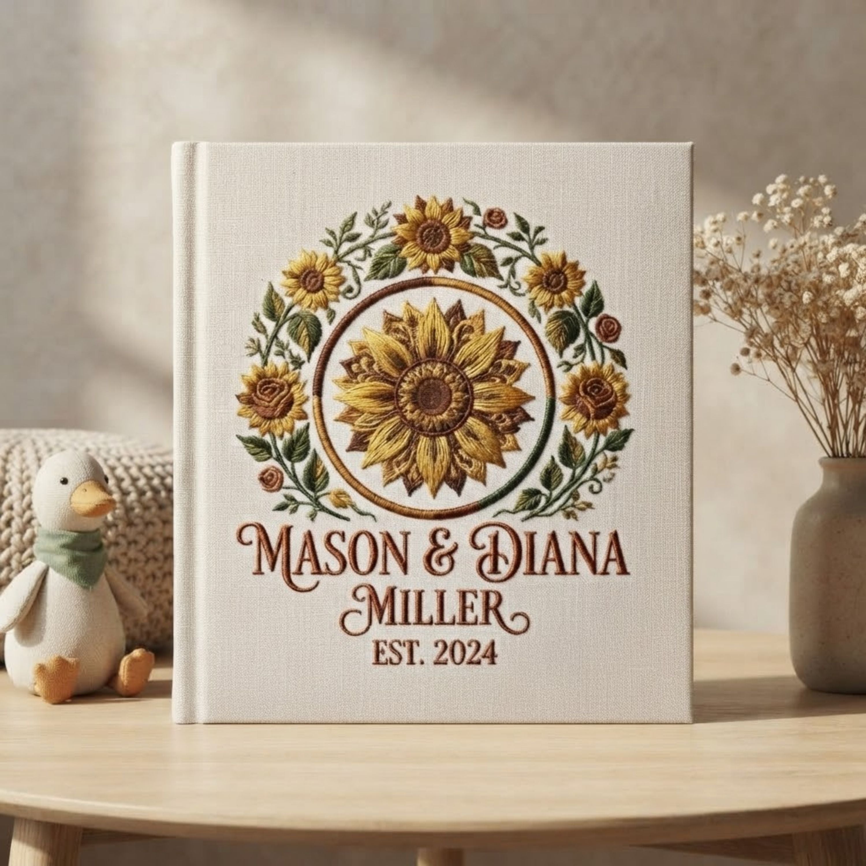 Personalized Embroidered Sunflower Wedding Photo Album - Custom Couple Memory Book - Rustic Floral Keepsake - Anniversary Gift for Couples