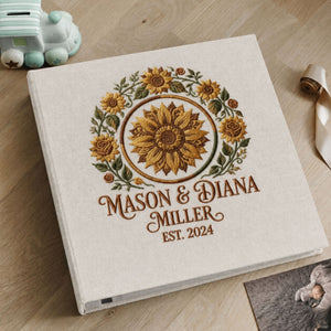 Personalized Embroidered Sunflower Wedding Photo Album - Custom Couple Memory Book - Rustic Floral Keepsake - Anniversary Gift for Couples