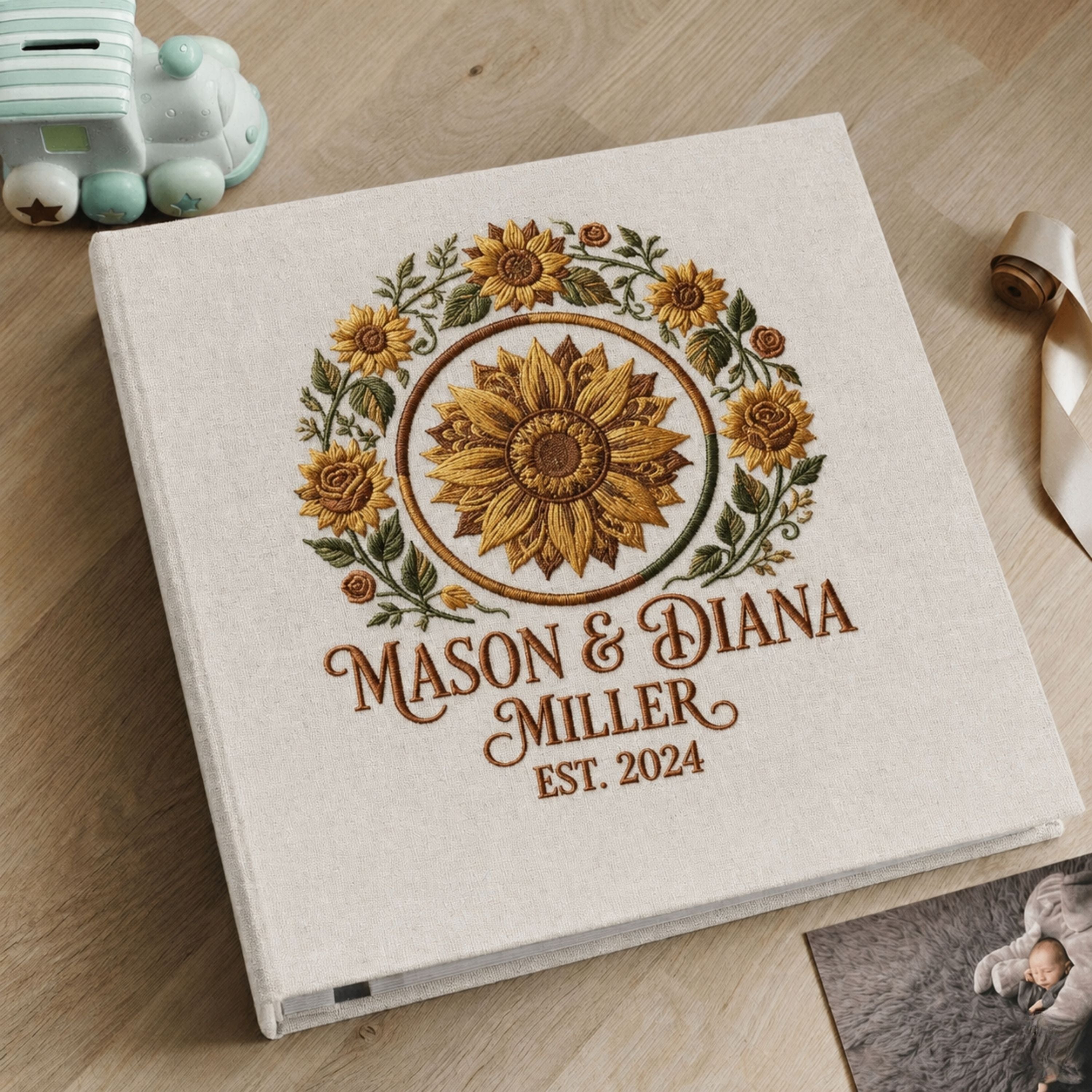 Personalized Embroidered Sunflower Wedding Photo Album - Custom Couple Memory Book - Rustic Floral Keepsake - Anniversary Gift for Couples