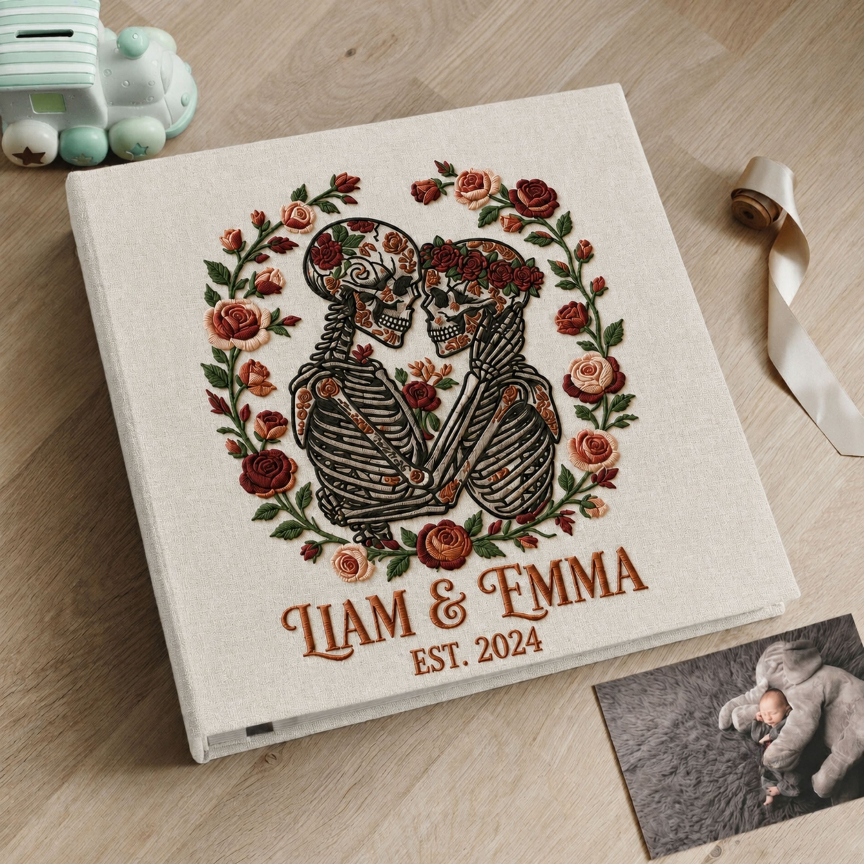 Personalized Gothic Love Album - Embroidered Skeleton Couple Memory Book - Custom Wedding Keepsake - Alternative Wedding Gift