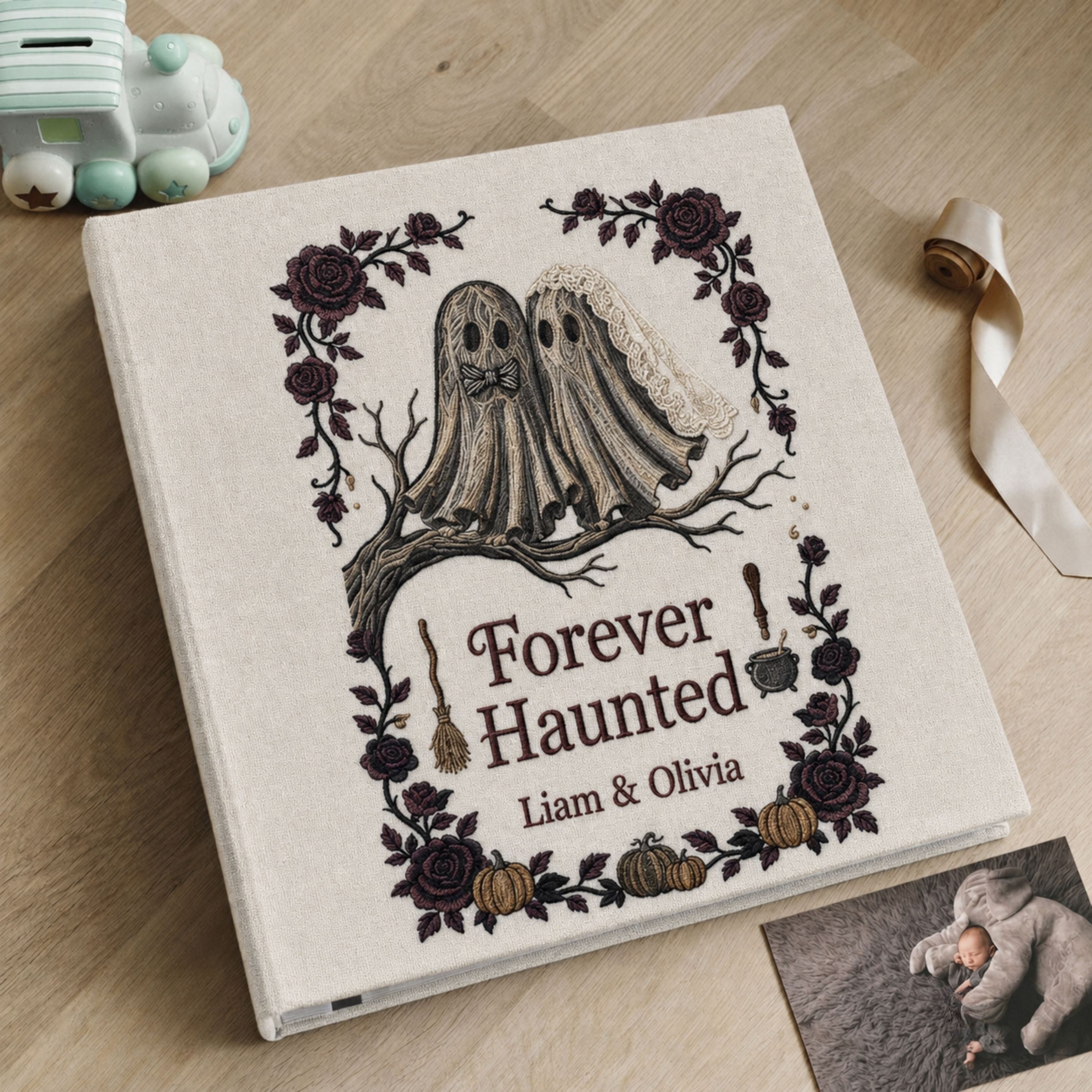 Personalized Embroidered Ghost Couple Photo Album - Forever Haunted Wedding Memory Book - Gothic Halloween Keepsake - Custom Anniversary Gift