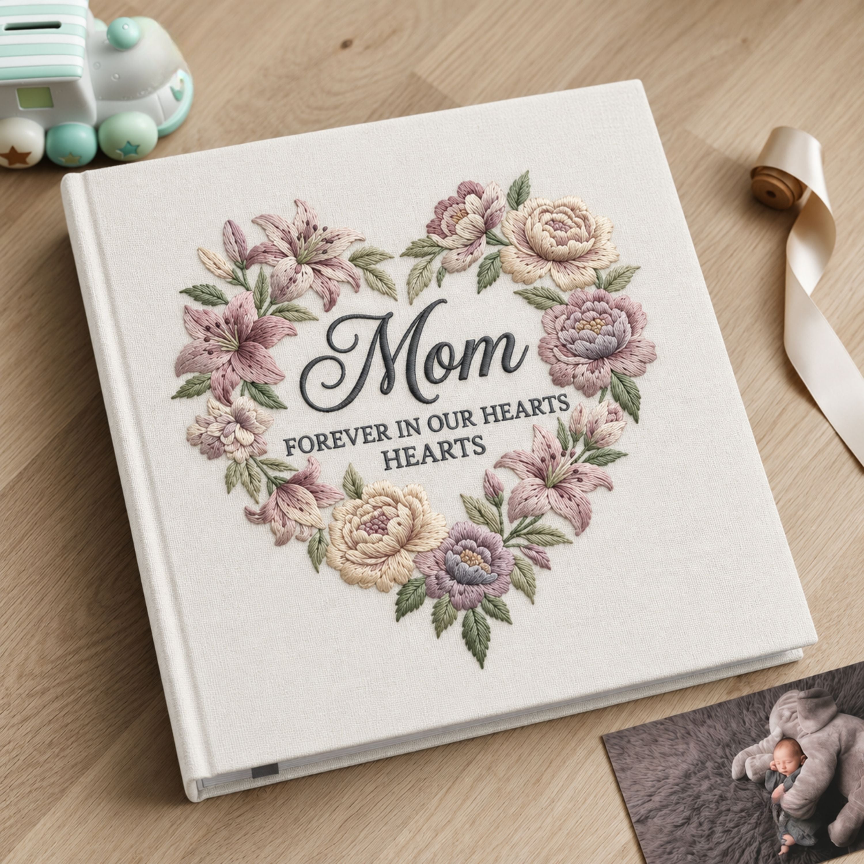 Personalized Memorial Photo Album for Mom - Custom Embroidered Sympathy Memory Book - Forever in Our Hearts Keepsake - Remembrance Gift