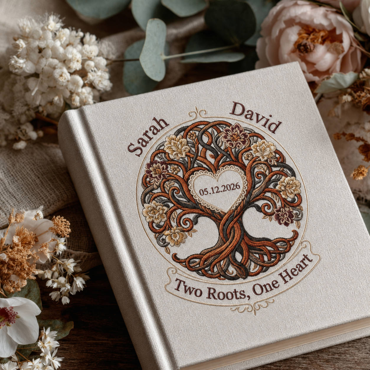 Personalized Embroidered Tree of Life Wedding Photo Album - Custom Couple Memory Book - Two Roots One Heart Keepsake - Anniversary Gift for Couples