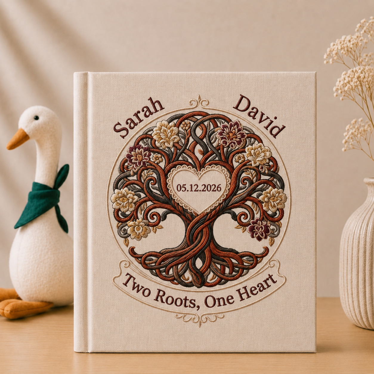 Personalized Embroidered Tree of Life Wedding Photo Album - Custom Couple Memory Book - Two Roots One Heart Keepsake - Anniversary Gift for Couples