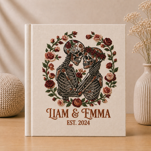 Personalized Embroidered Gothic Wedding Photo Album - Custom Skeleton Couple Memory Book - Sugar Skull Love Keepsake - Anniversary Gift for Couples