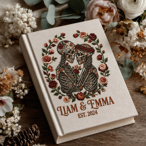 Personalized Embroidered Gothic Wedding Photo Album - Custom Skeleton Couple Memory Book - Sugar Skull Love Keepsake - Anniversary Gift for Couples