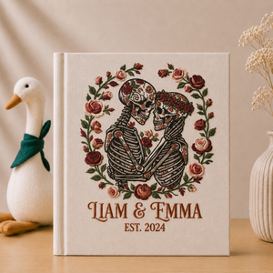 Personalized Embroidered Gothic Wedding Photo Album - Custom Skeleton Couple Memory Book - Sugar Skull Love Keepsake - Anniversary Gift for Couples